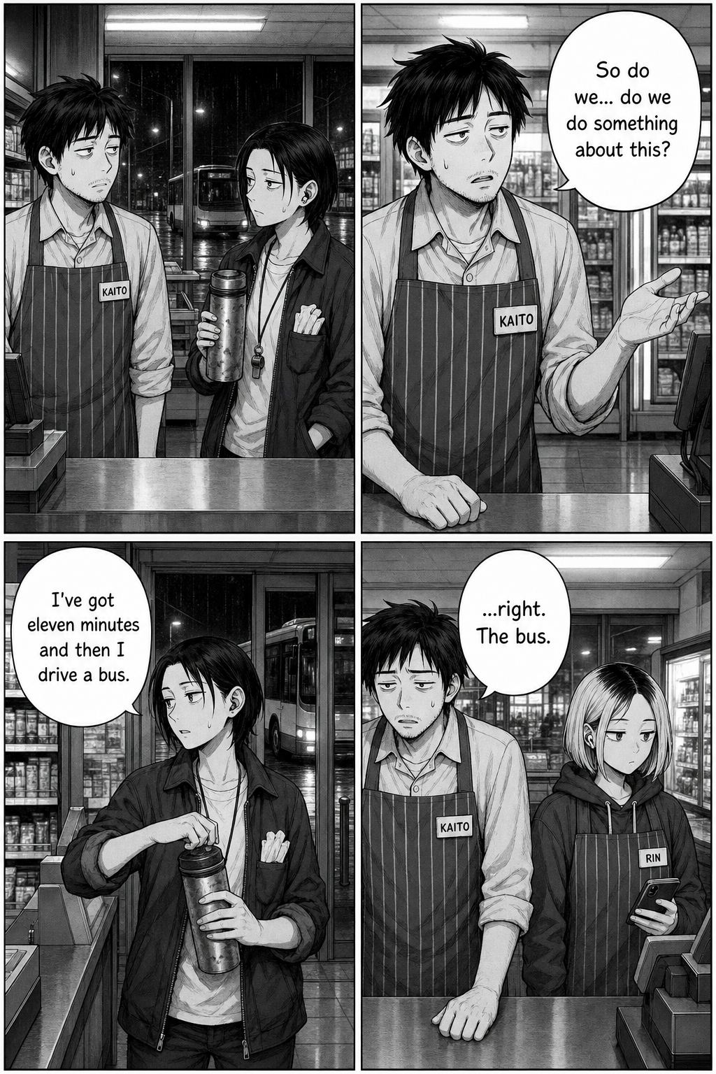 Four panels: Kaito and Yuki stand admitting it, then realize there's nothing to do — she has eleven minutes and then must drive a bus.