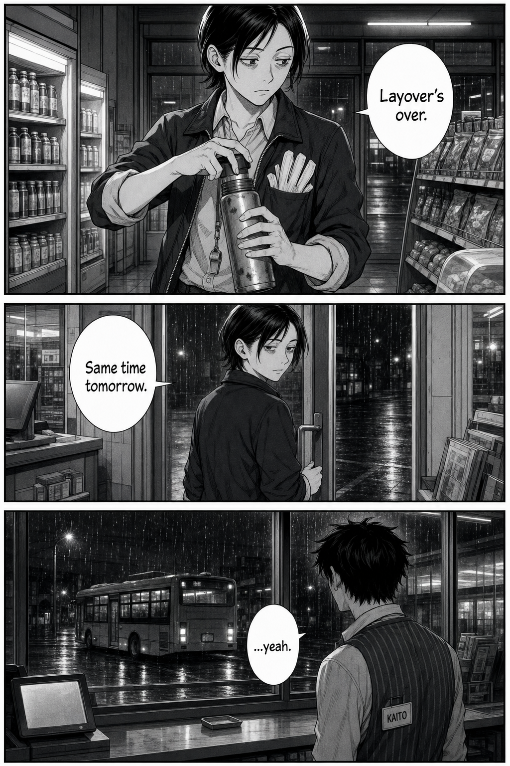 Three panels: Yuki caps her thermos, says 'Layover's over' and 'Same time tomorrow', and the empty bus pulls away as Kaito watches.