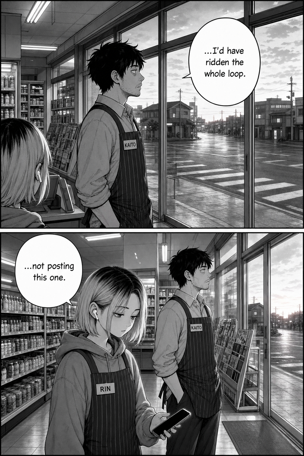 Two panels at dawn: Kaito faces the empty doorway and says he'd have ridden the whole loop; Rin, phone dark at her side, says she's not posting this one.