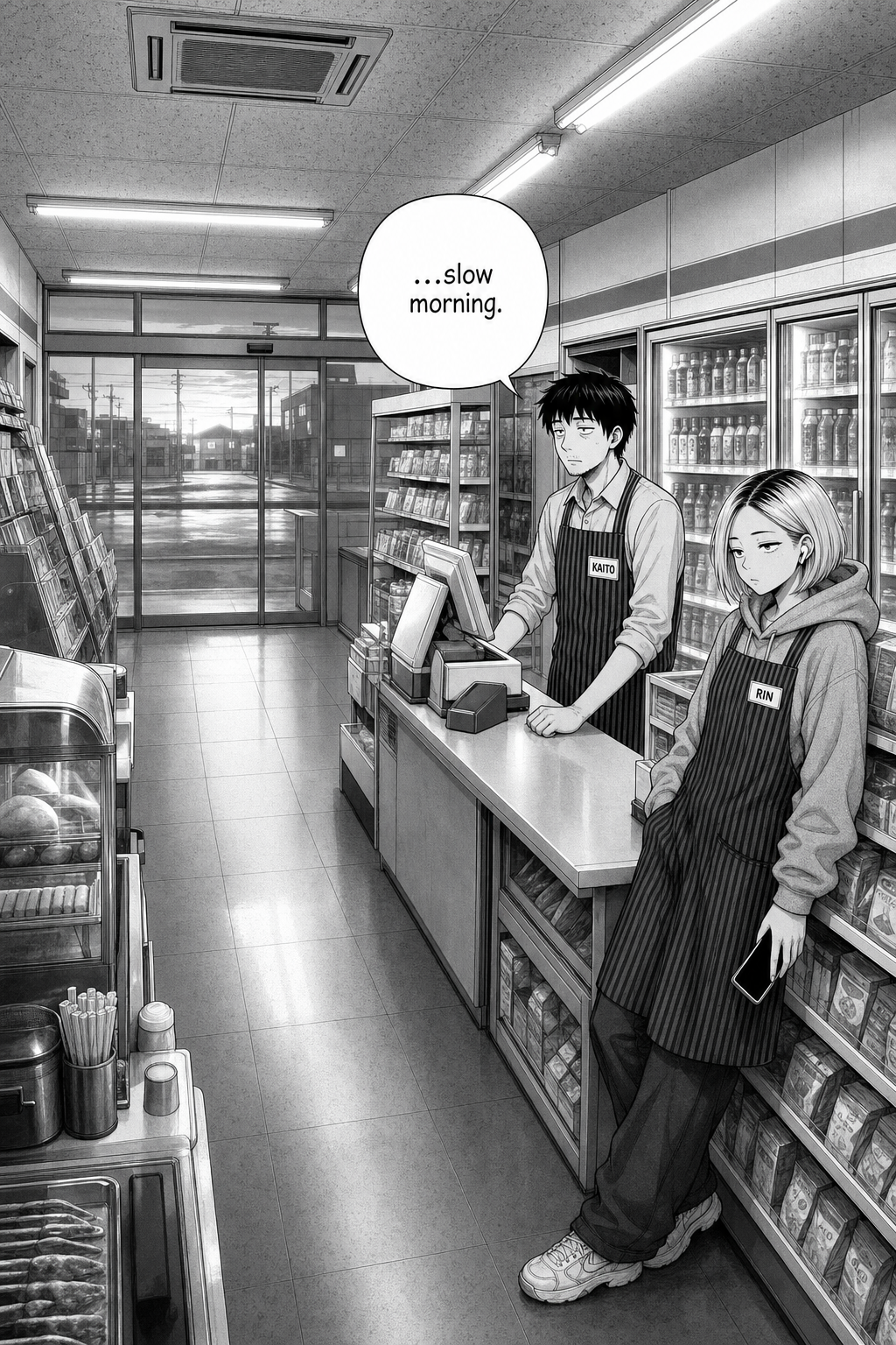 Final wide shot matching page one, now in dawn light: the drunk's spot empty, Kaito at the register, Rin leaning nearby with her phone down at her side.