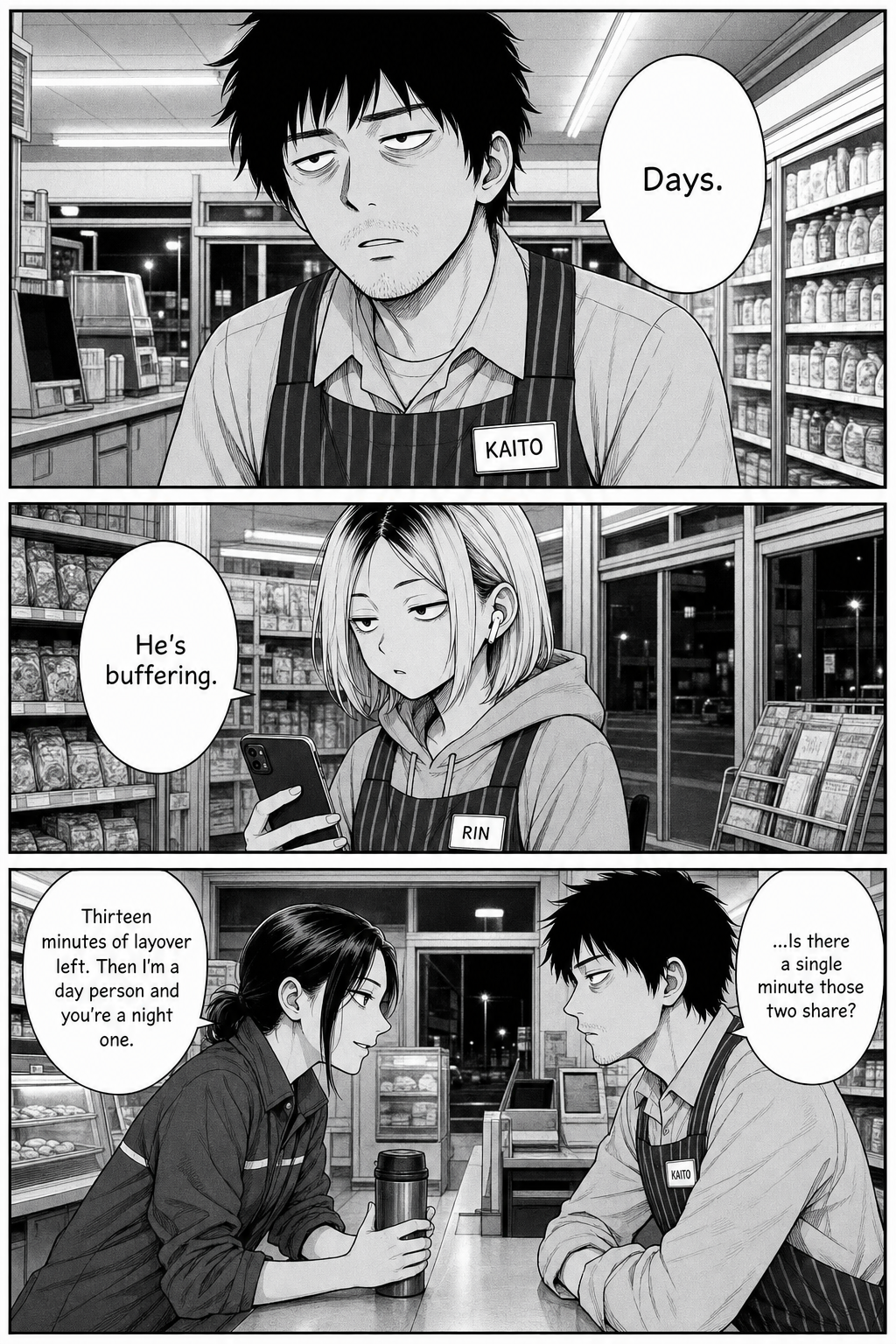 Kaito reels at the word 'days'; Rin comments; Yuki explains she'll be a day person while he stays a night one, and Kaito wonders aloud if the two share a minute.