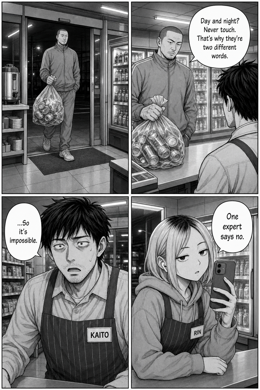 The tracksuit regular enters with his bag of cans and declares day and night never touch; Kaito takes it as fact; Rin narrates to her stream.