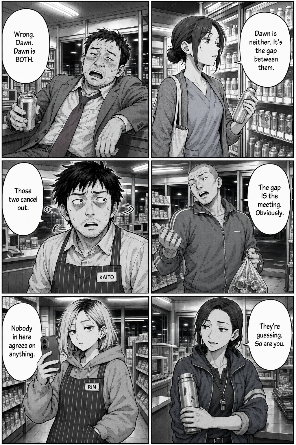 A six-panel argument: a drunk salaryman, a night nurse, the tracksuit regular and Rin give contradictory verdicts on whether day and night can meet, while Yuki tells Kaito they're all guessing.