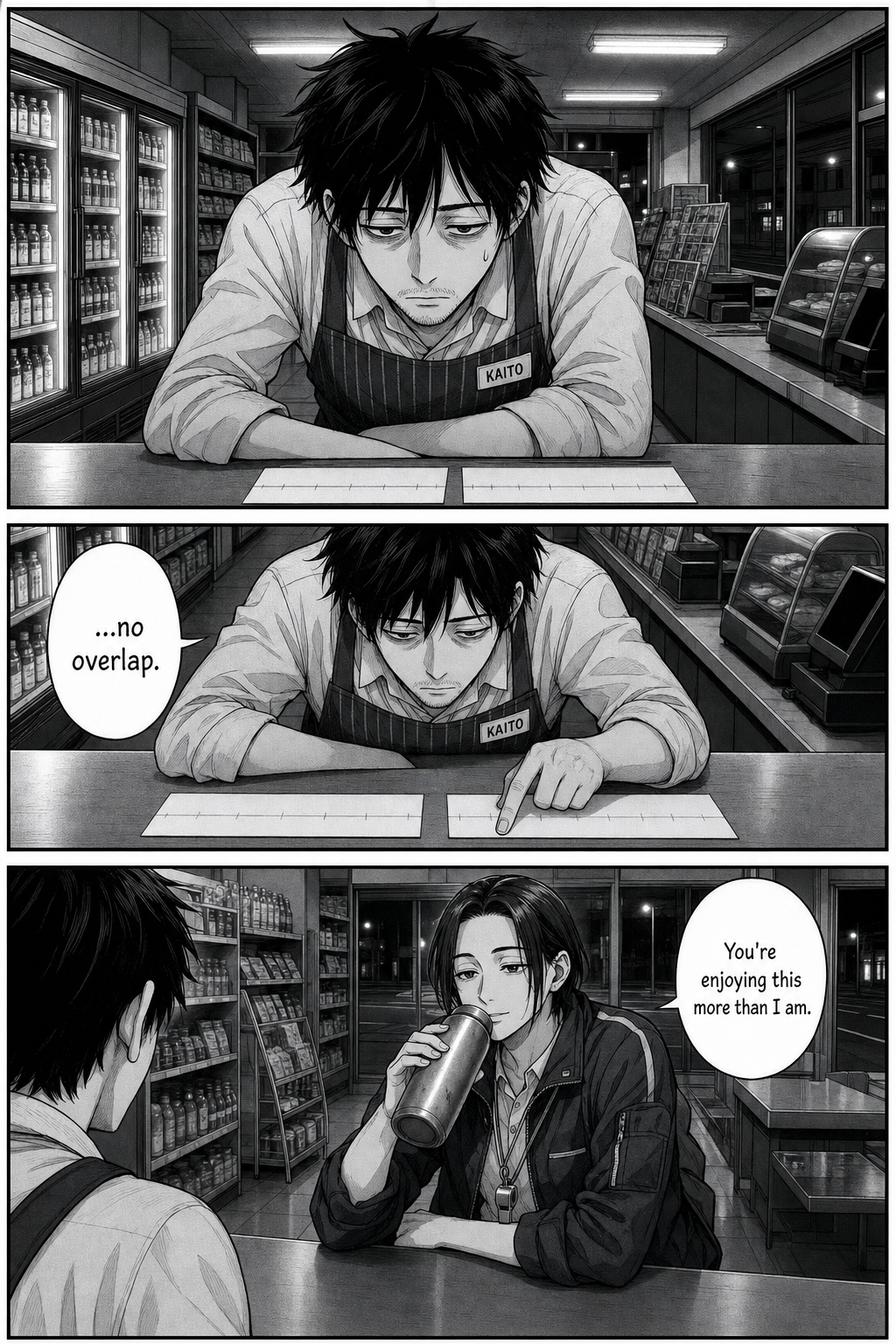 Kaito bends silently over the blank strips, traces them again and says there's no overlap; Yuki sips her thermos and says he's enjoying this more than she is.