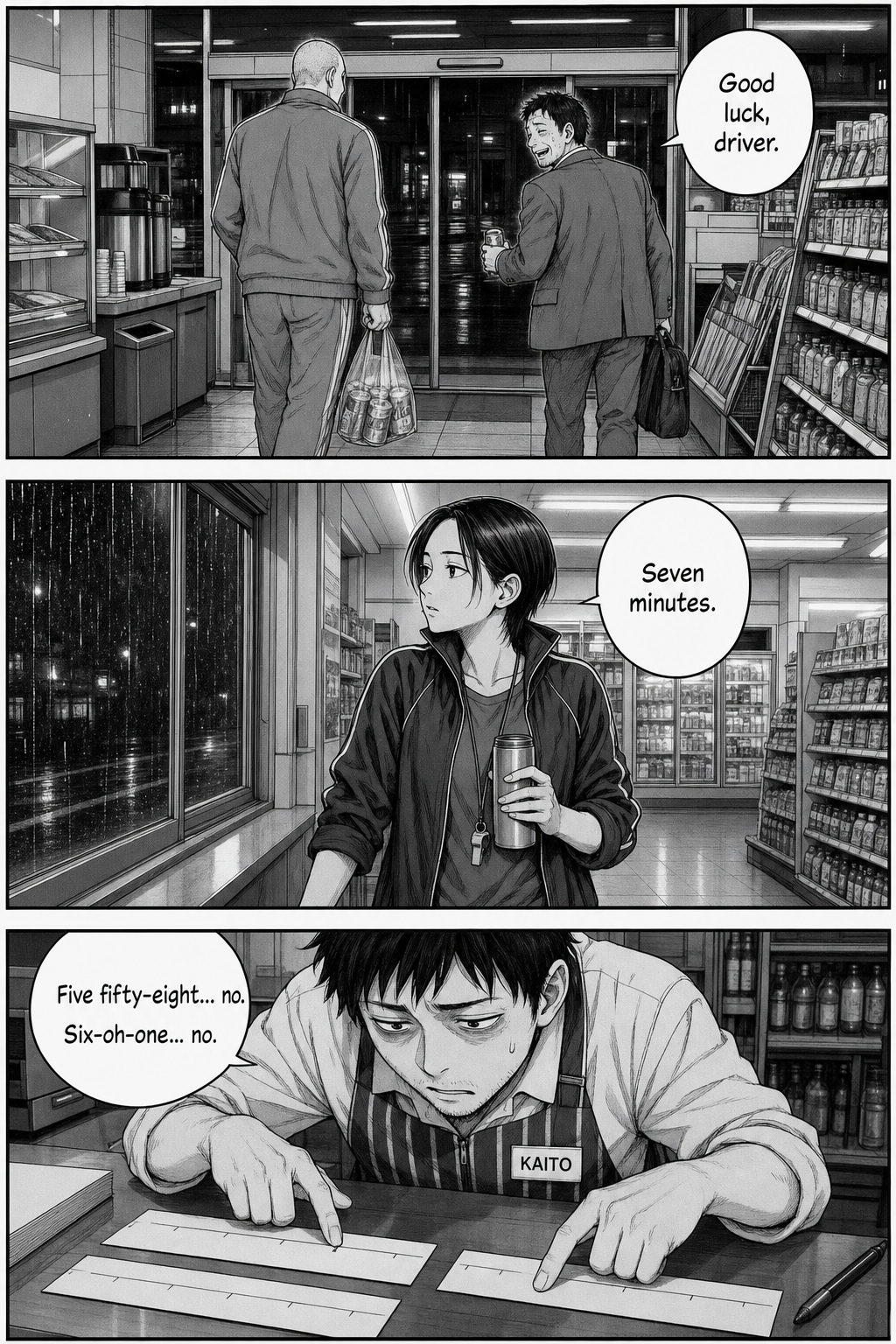 The regulars drift out of the store; Yuki notes seven minutes left; Kaito mutters times to himself while tracing the blank strips.