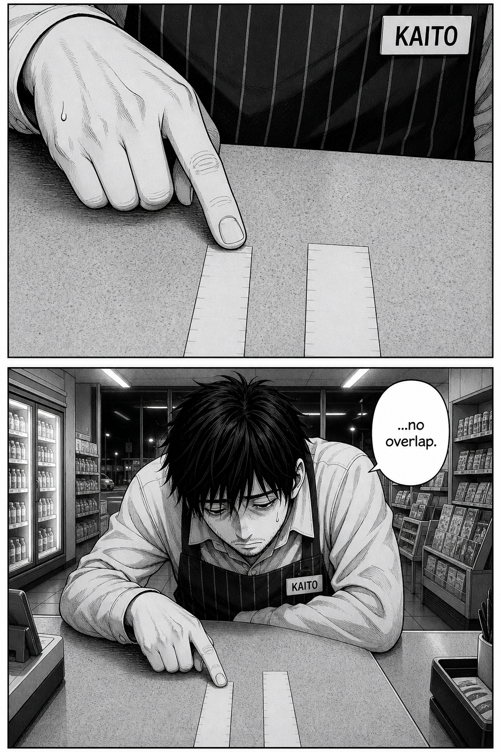 Close on Kaito's finger stopping at the dead end of a blank paper strip, then the repeated beat panel with his head hung lower as he says there's no overlap.