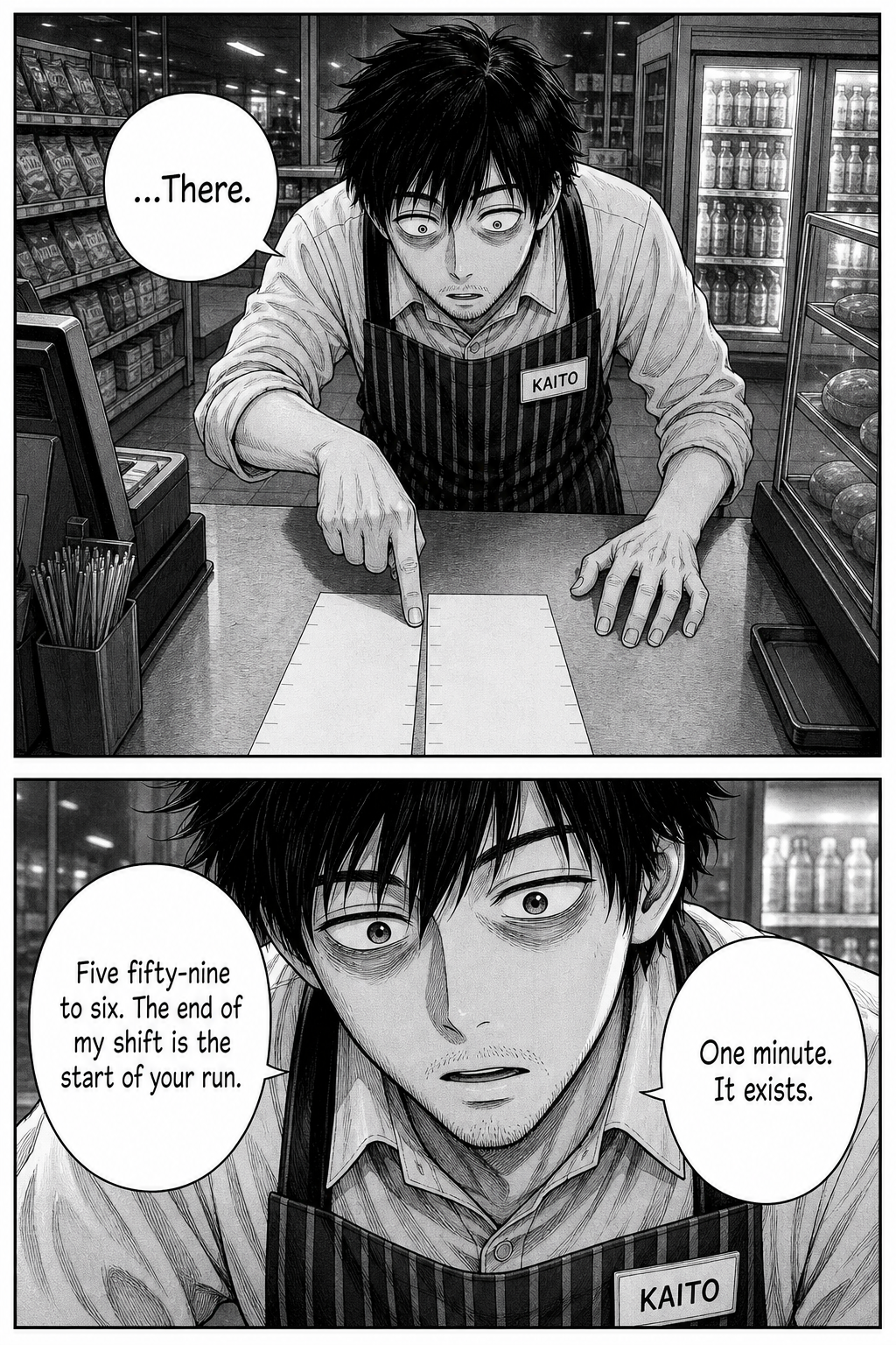 Kaito's eyes snap wide as his finger stabs the seam between the two blank strips; he realizes 5:59 to 6:00 is one shared minute that exists.