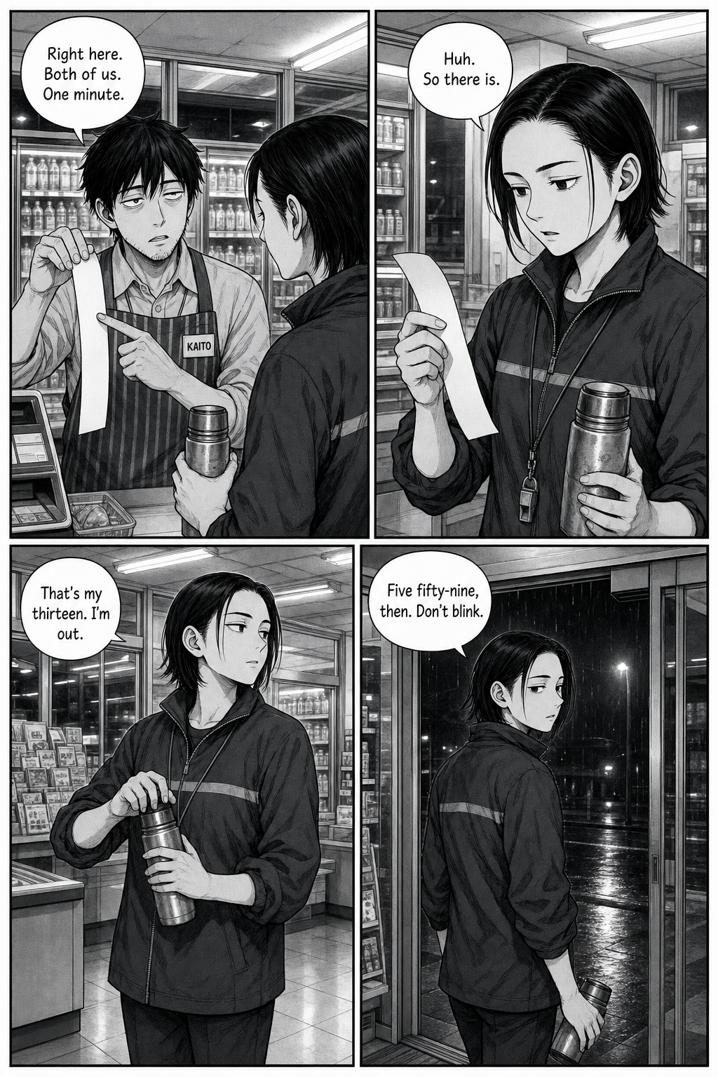 Kaito shows Yuki the seam on the strip; she agrees there's one minute, caps her thermos, says her thirteen minutes are up, and leaves telling him not to blink at 5:59.