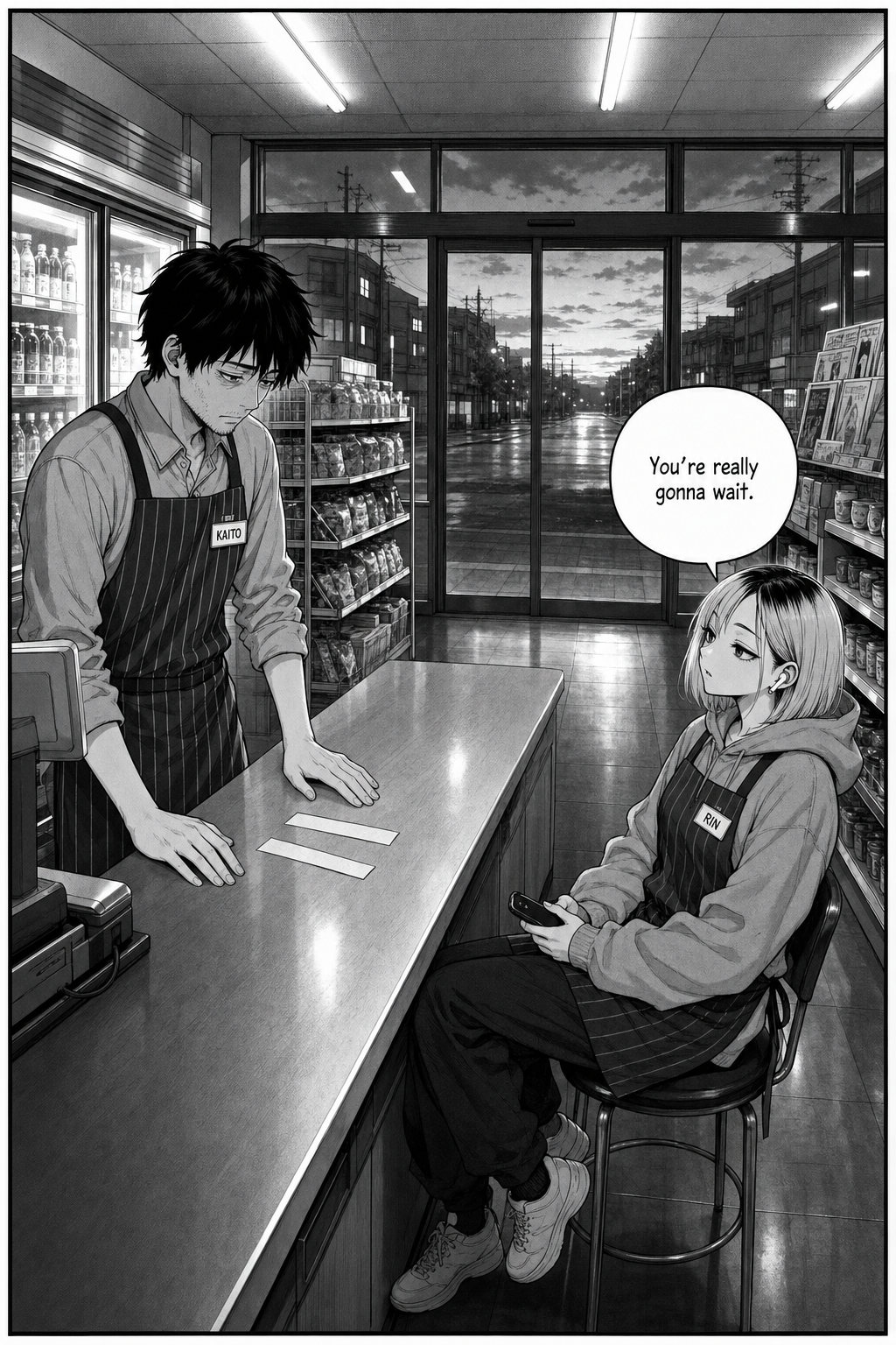 A quiet wide panel: the store windows pale toward dawn, the blank strips on the counter, Kaito standing and Rin on her stool asking if he's really going to wait.