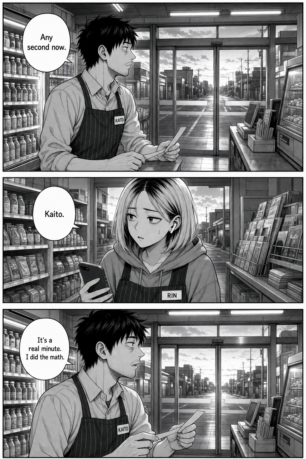 In brightening dawn light Kaito watches the doors and says any second now; Rin says his name uneasily; Kaito insists it's a real minute he calculated.