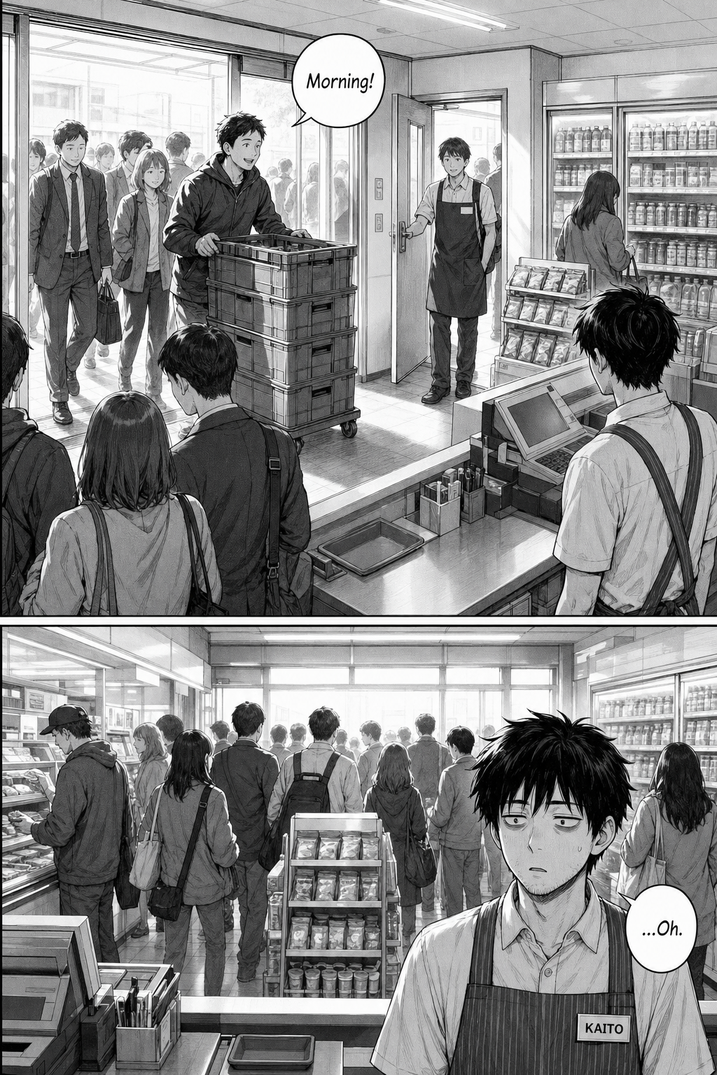At dawn the entrance and delivery doors open together; morning light floods in, a courier hauls crates, a day clerk arrives and commuters pour in; a tiny Kaito says 'Oh.'