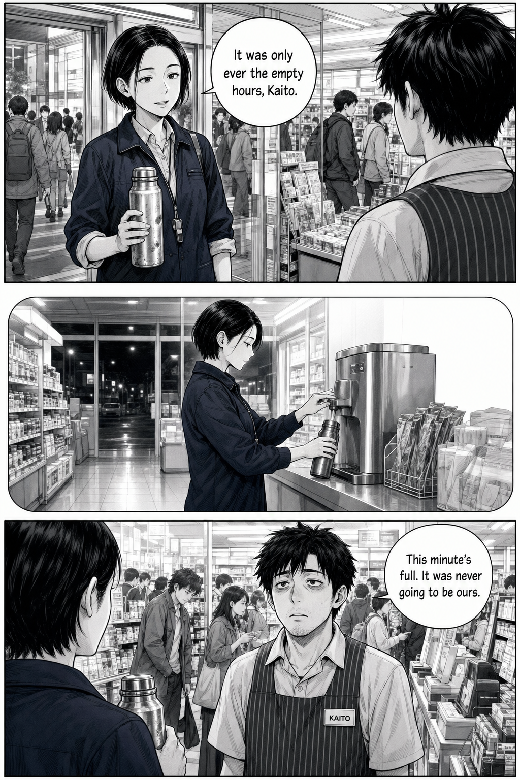 Yuki, kind in the morning crowd, says it was only ever the empty hours; a soft flashback shows the first night she filled her thermos at the dispenser; she says the minute is full and was never theirs.