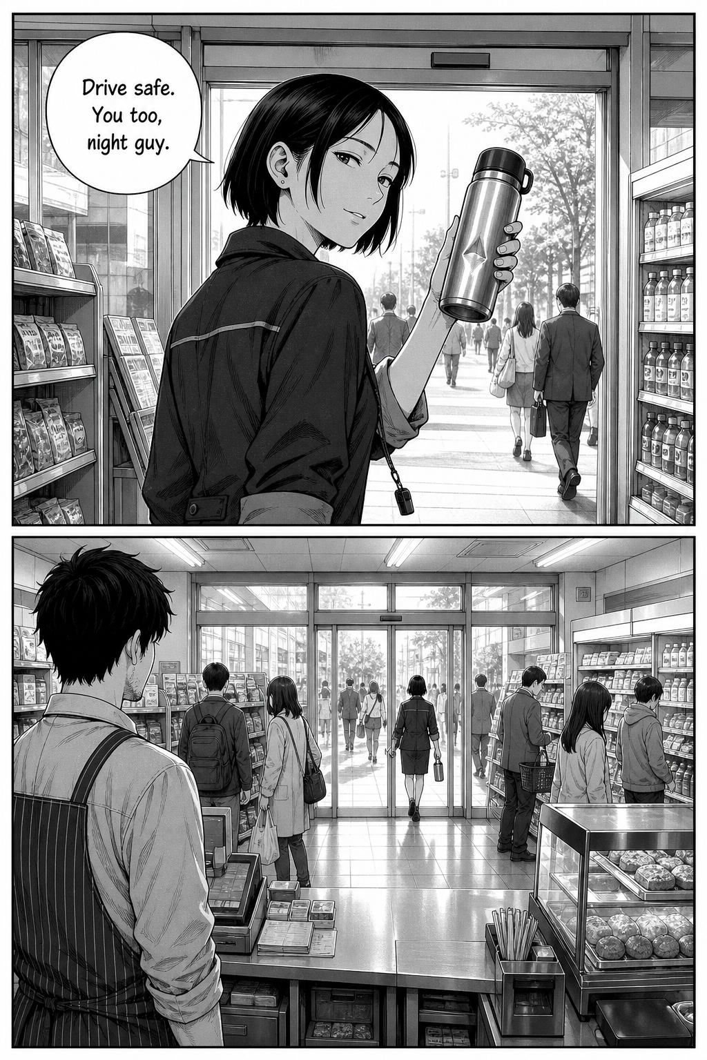 Yuki gives a small wave with her thermos and steps out into the morning light saying 'Drive safe, you too'; the doors close and she is gone into the daylight crowd as Kaito watches.