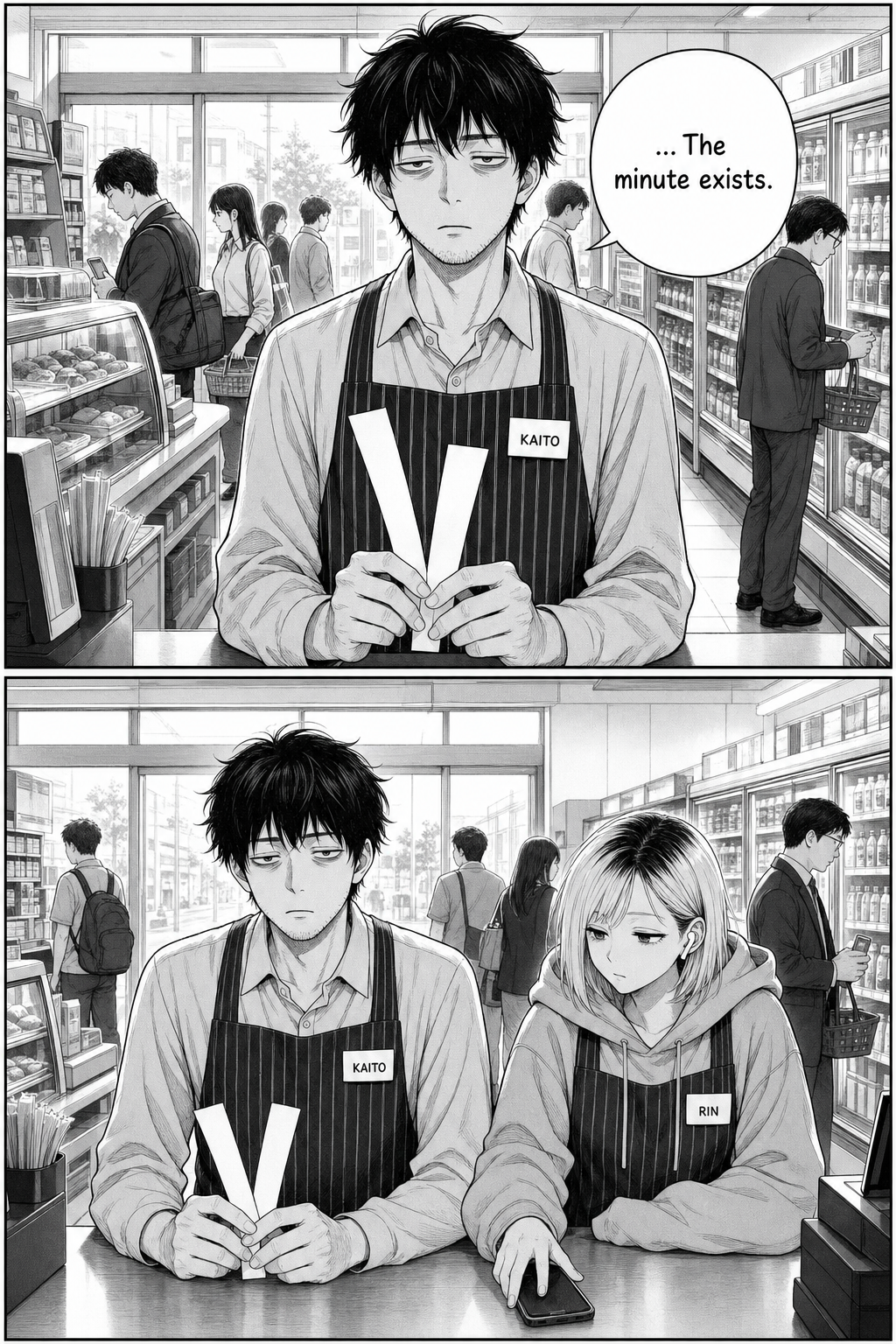 In full daylight Kaito holds the two blank strips and says the minute exists; Rin sits beside him and sets her phone face-down on the counter, saying nothing.