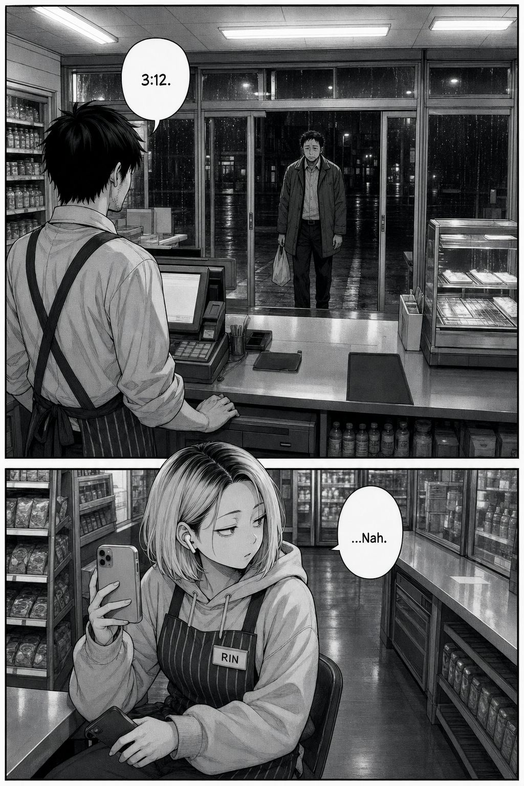 Mirror of the opening: the next night at 3:12 the doors open on an ordinary stranger, not Yuki; Rin starts to raise her phone and lowers it, saying 'Nah.'