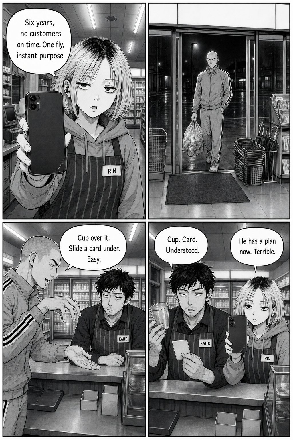 Rin talks to her phone; the tall shaved-head tracksuit regular enters with a bag of cans and mimes a cup, and Kaito takes up a cup and card.
