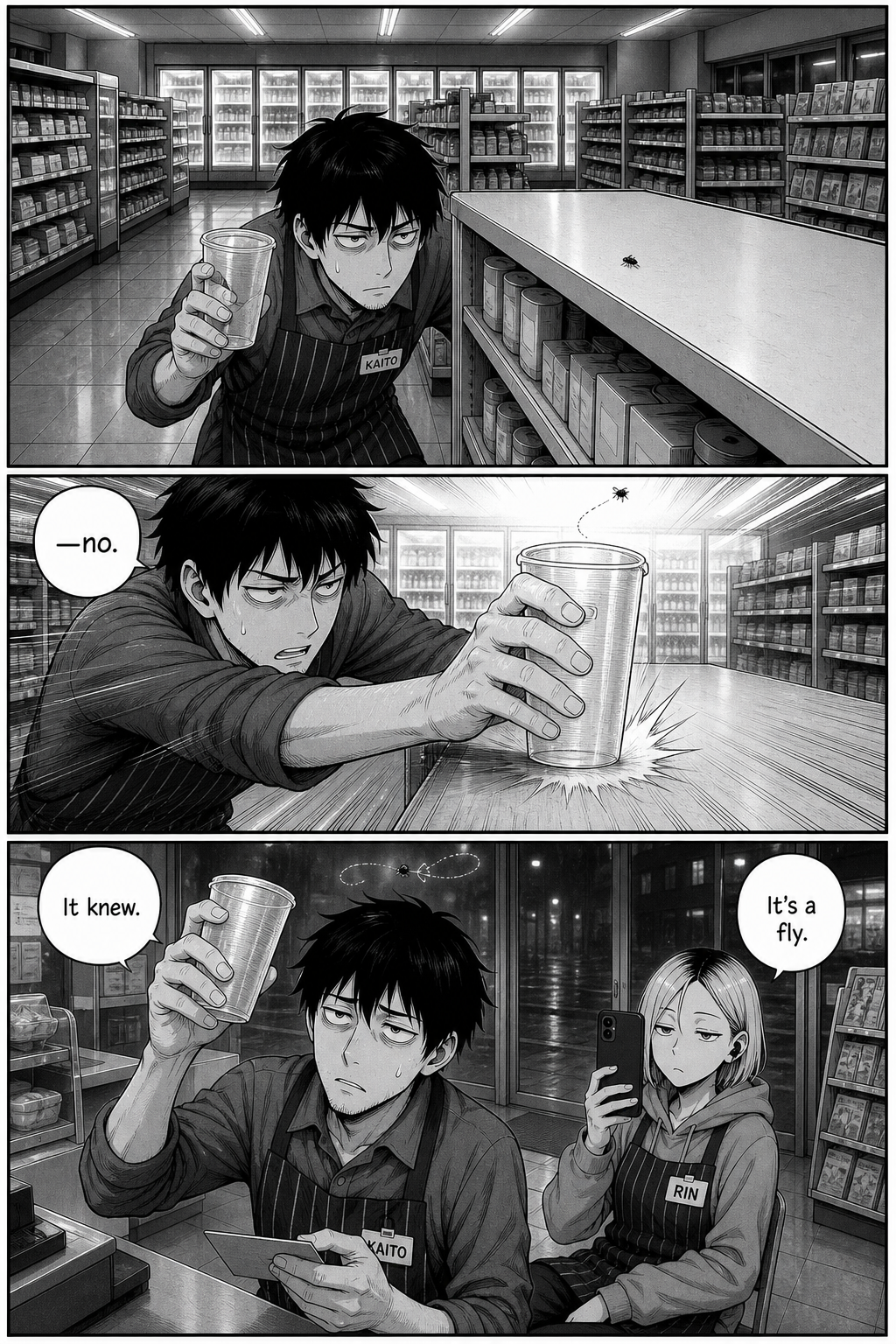 Kaito stalks the fly with a cup, slams it down a half-second too late, and stares under the empty cup as Rin comments.
