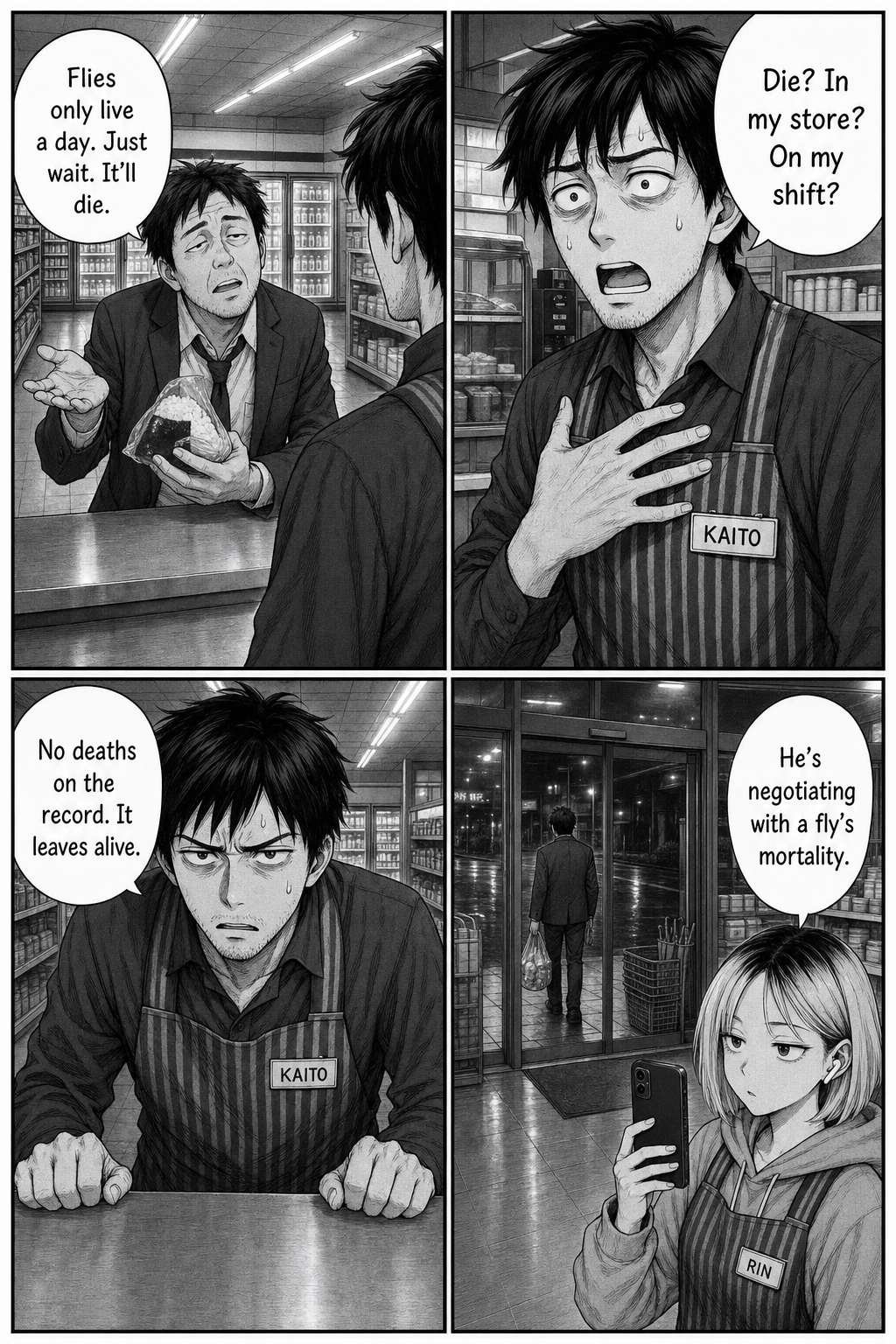 A tired salaryman with a rice ball says flies only live a day; Kaito is horrified at a death on his shift and vows the fly leaves alive.