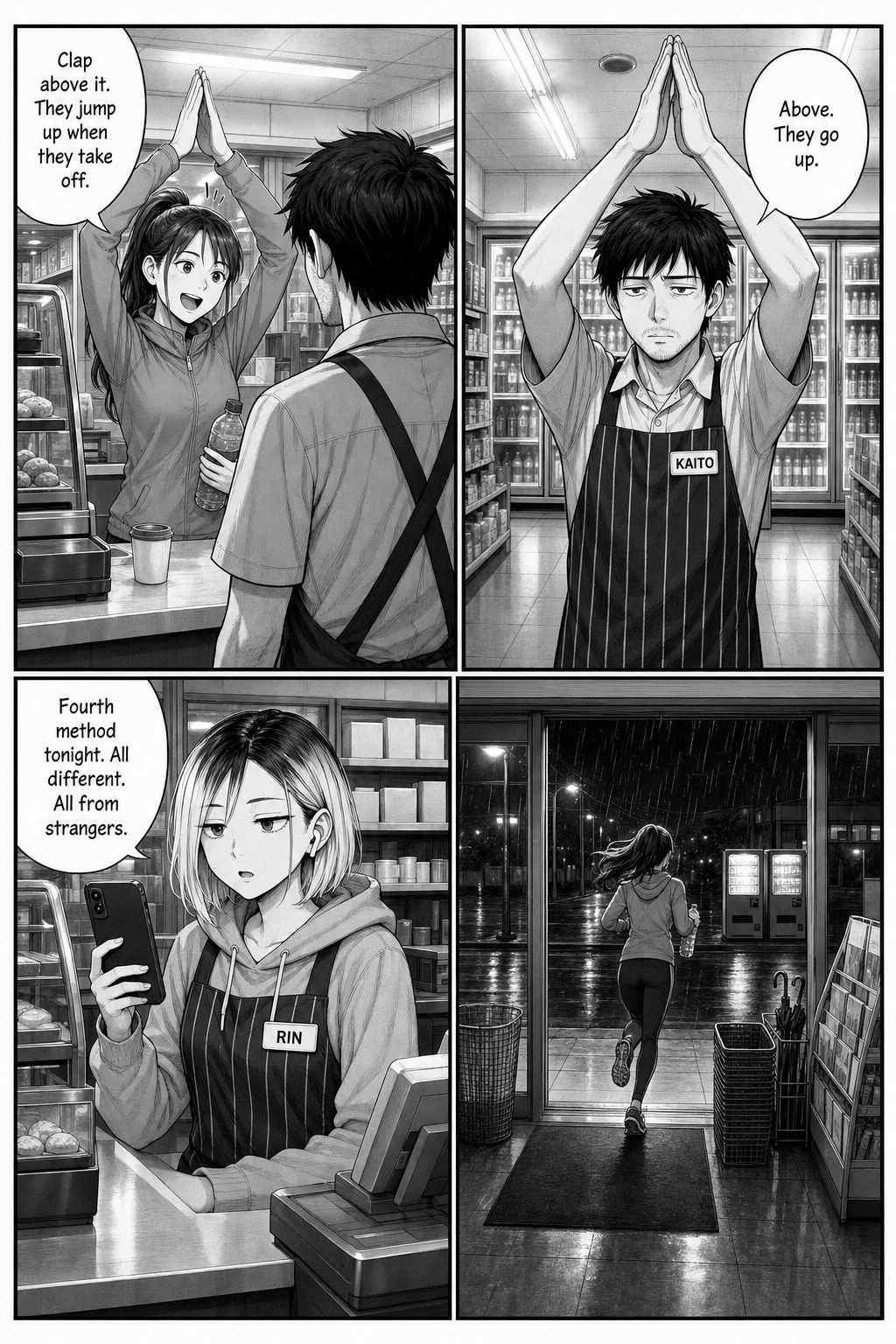 A jogger mimes clapping above her head; Kaito raises both hands to try it while Rin notes it's the fourth stranger's method tonight.