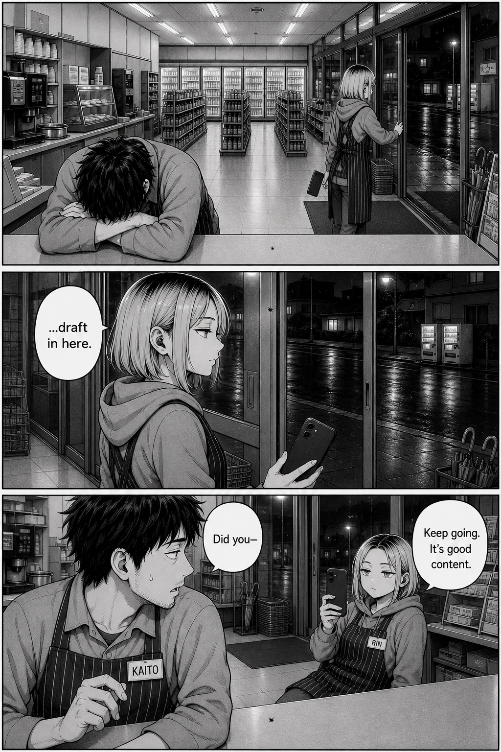 While Kaito slumps, Rin quietly opens the sliding door a crack to let the fly out, then denies it and tells him to keep going.
