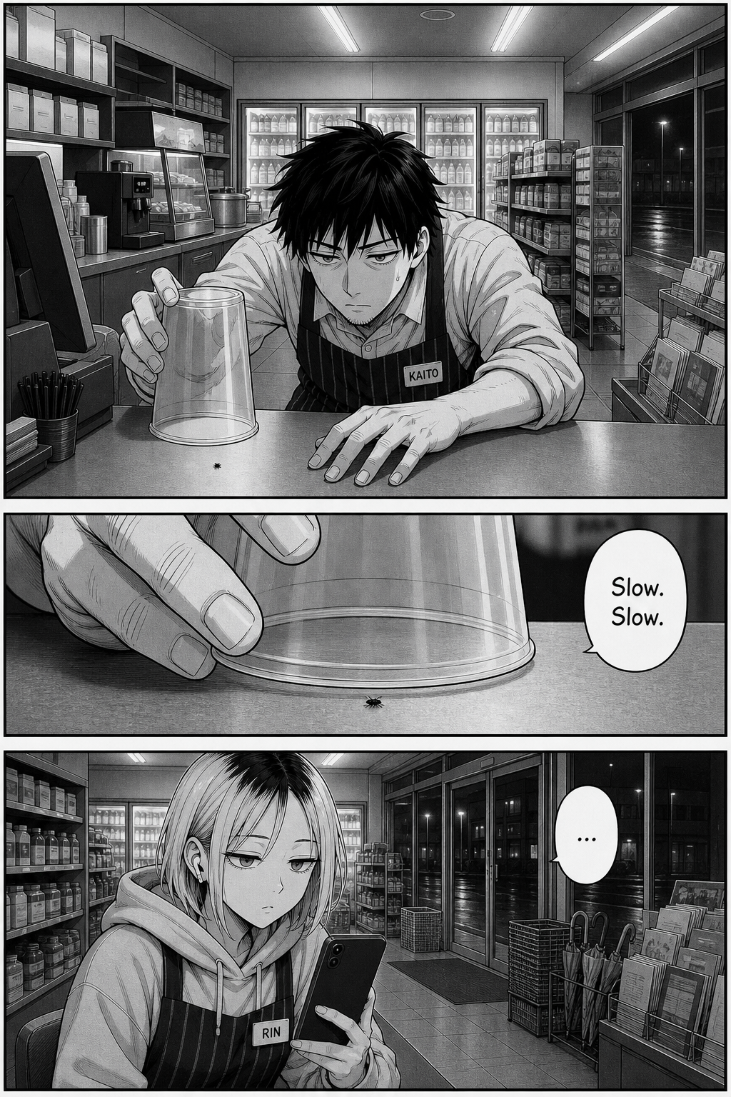 Kaito, renewed, slowly lowers a cup over the fly resting on the counter as Rin lowers her phone to actually watch.