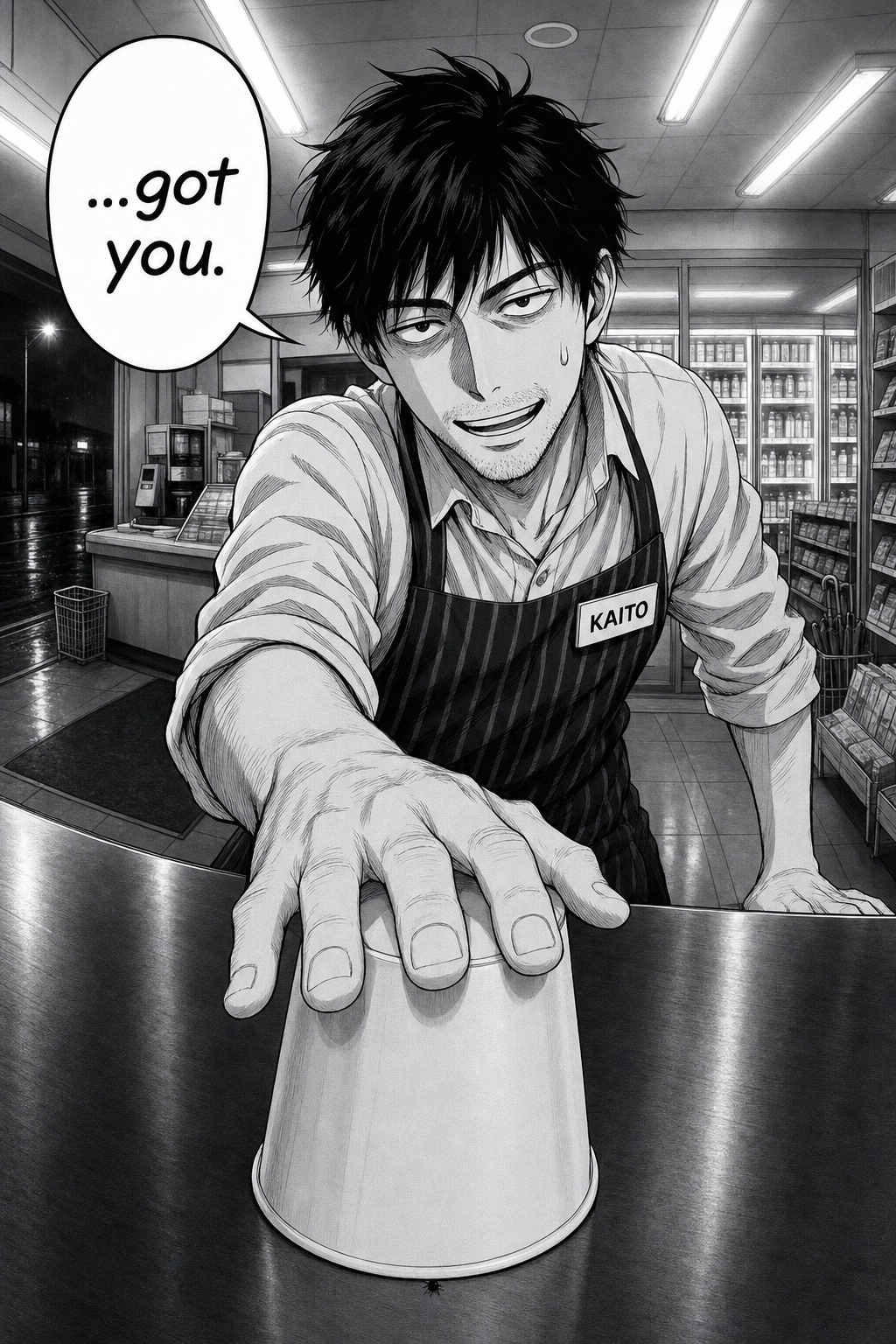 Splash page: Kaito, in his frozen beat pose but lit with triumph, presses his hand over an upside-down cup clamped on the counter.