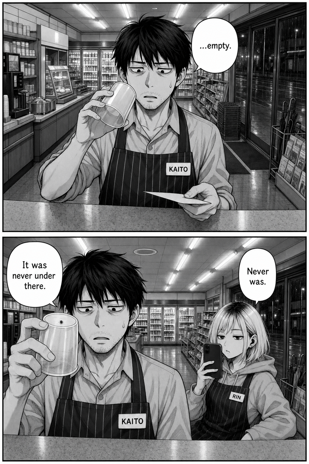 Kaito lifts the cup to find nothing under it, then sees the fly sitting calmly on the outside rim; Rin says it was never underneath.