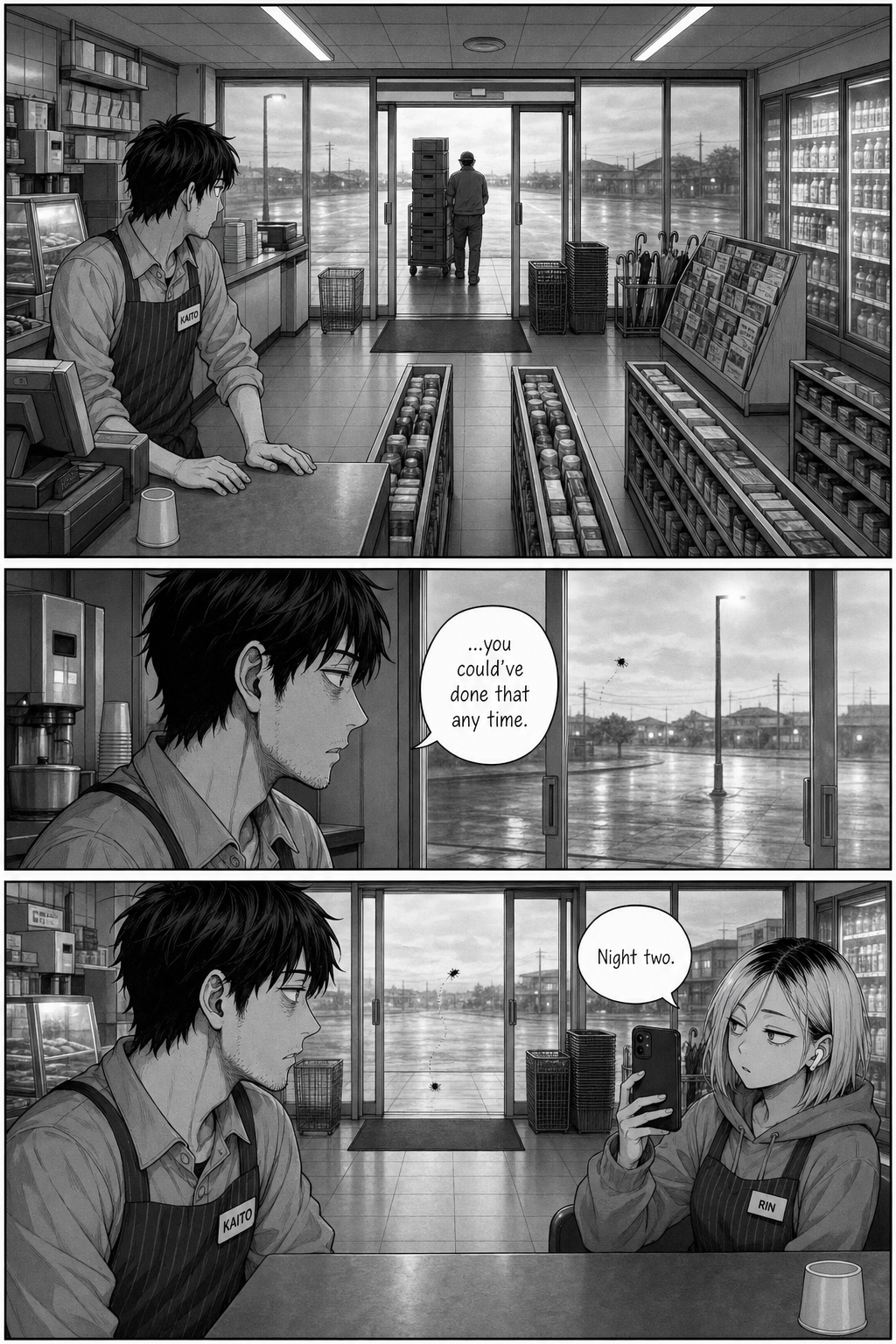 At grey dawn the delivery doors open; the fly drifts out on its own as a second identical fly drifts in, and Rin says 'Night two.'