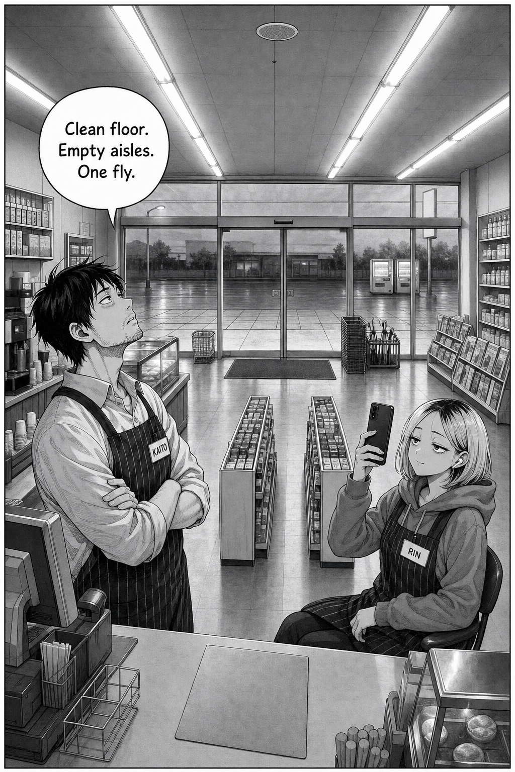 Final mirror of page one in grey dawn: Kaito stands arms folded staring up at the new fly under the ceiling speaker while Rin films.