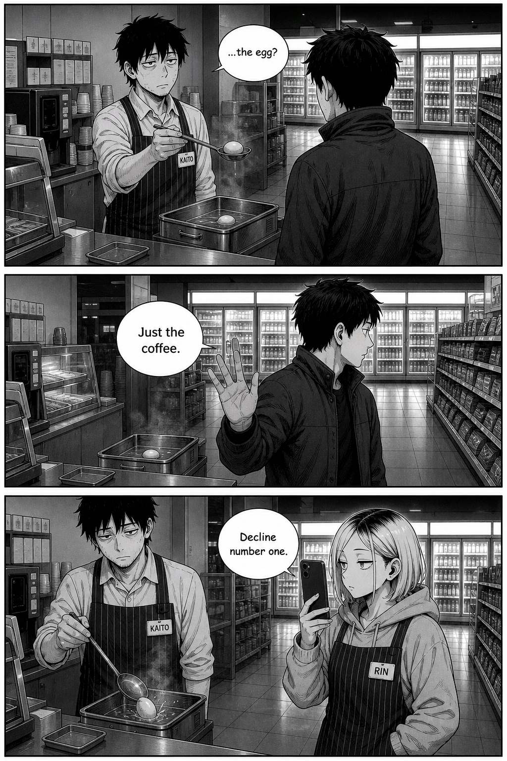 Three panels: Kaito lifts the ladle with the egg to a customer who asks only for coffee; Rin logs 'decline number one.'
