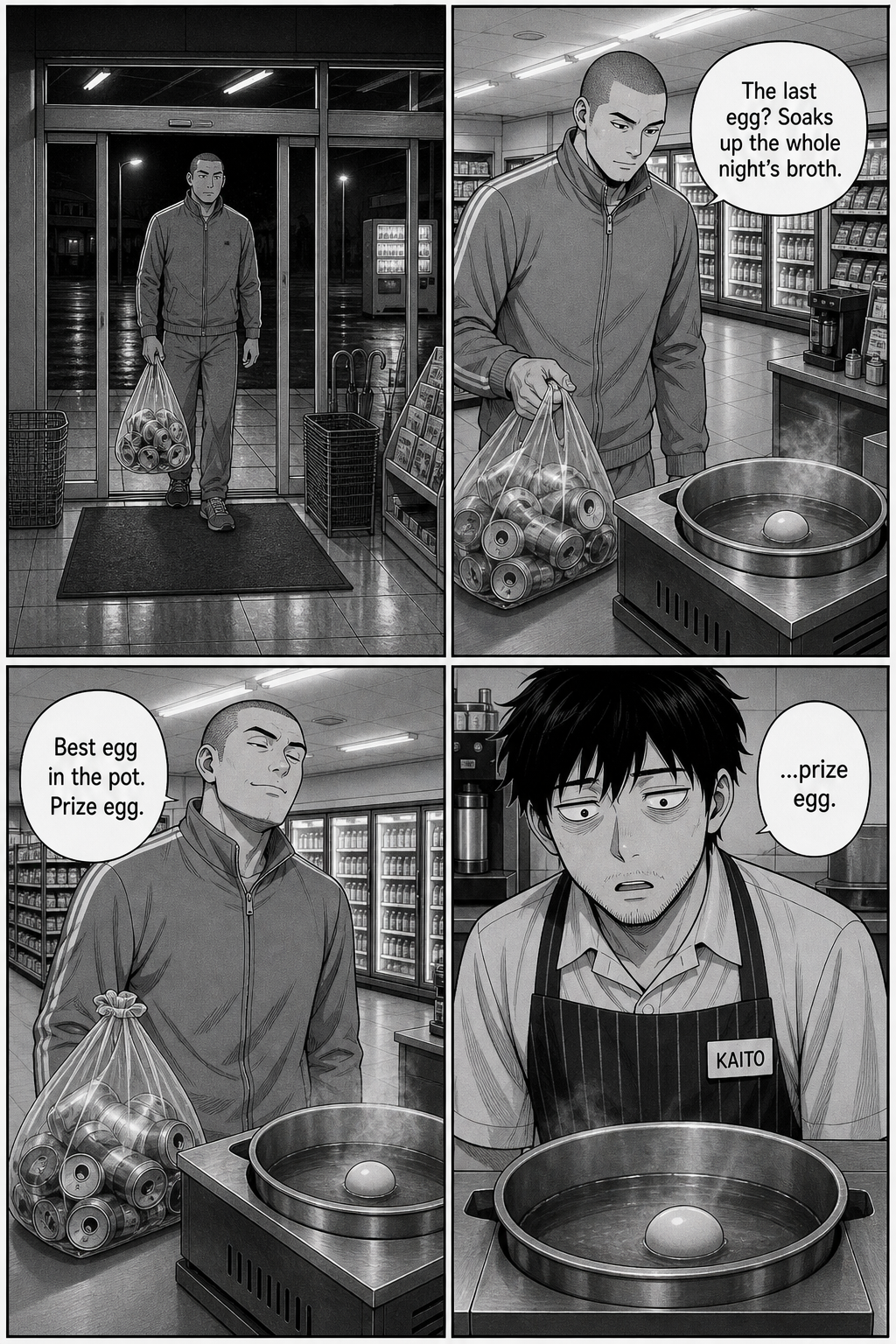 Four panels: the tall shaved-head tracksuit regular with his bag of cans declares the last egg the prize of the pot.