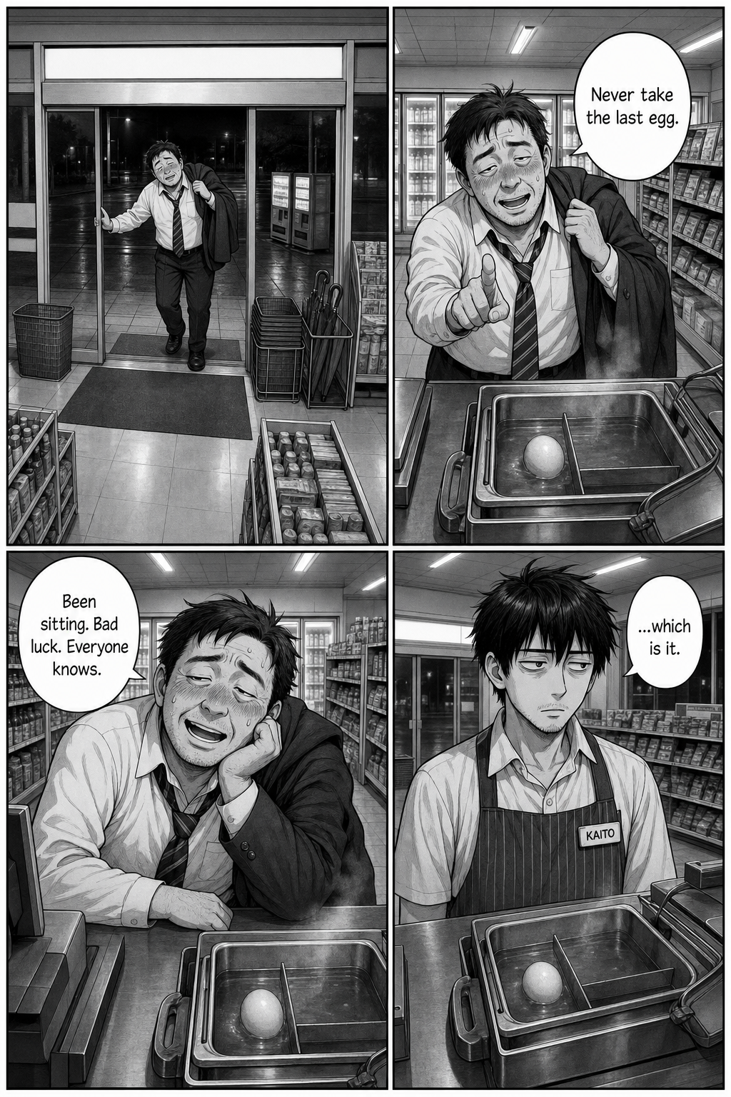 Four panels: the drunk salaryman staggers in and warns never to take the last egg; Kaito is caught between verdicts.