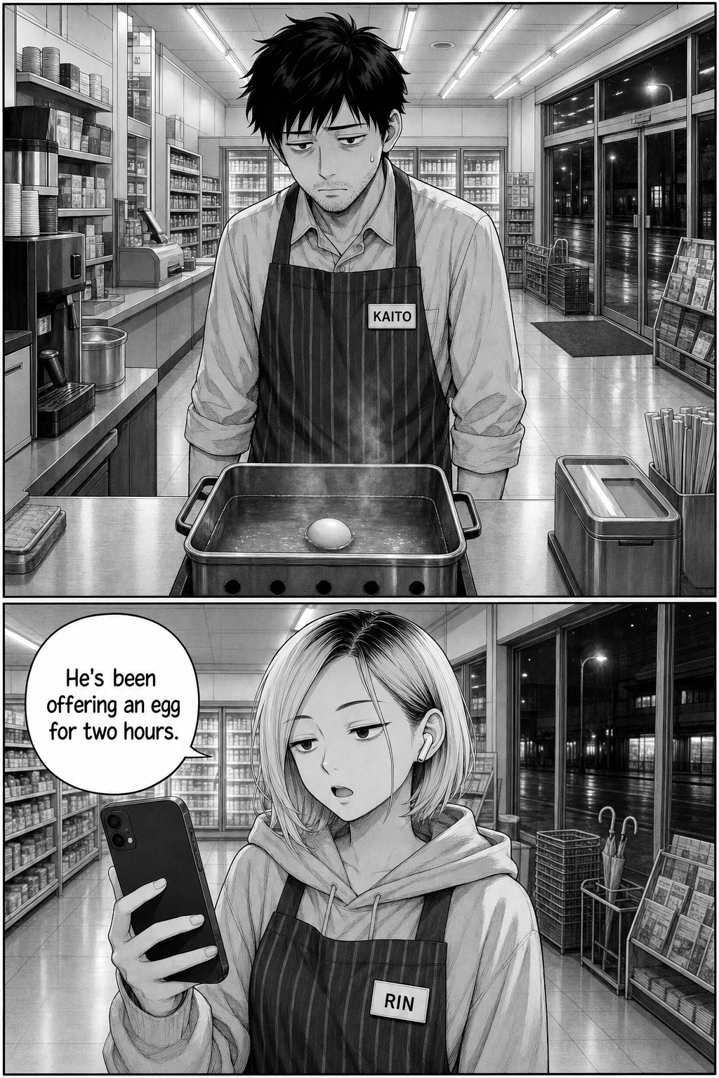 Two panels: Kaito stands frozen over the pot with a sweat drop; Rin narrates flatly to her phone.