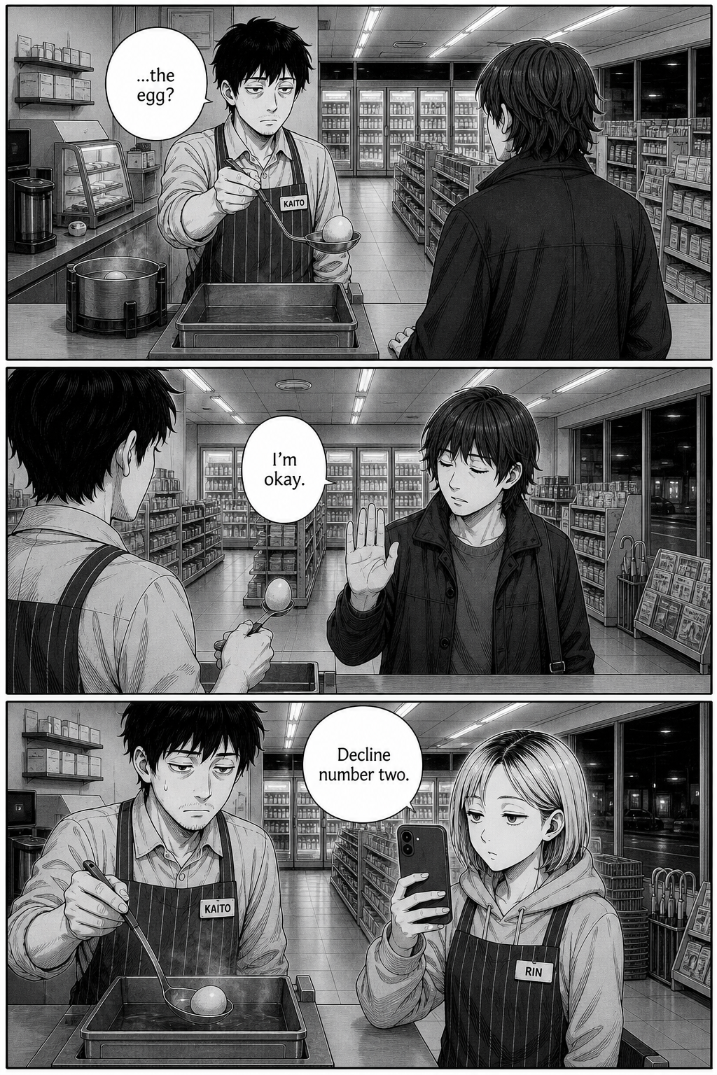 Three panels: Kaito offers the egg again to another customer who declines; Rin logs 'decline number two.'