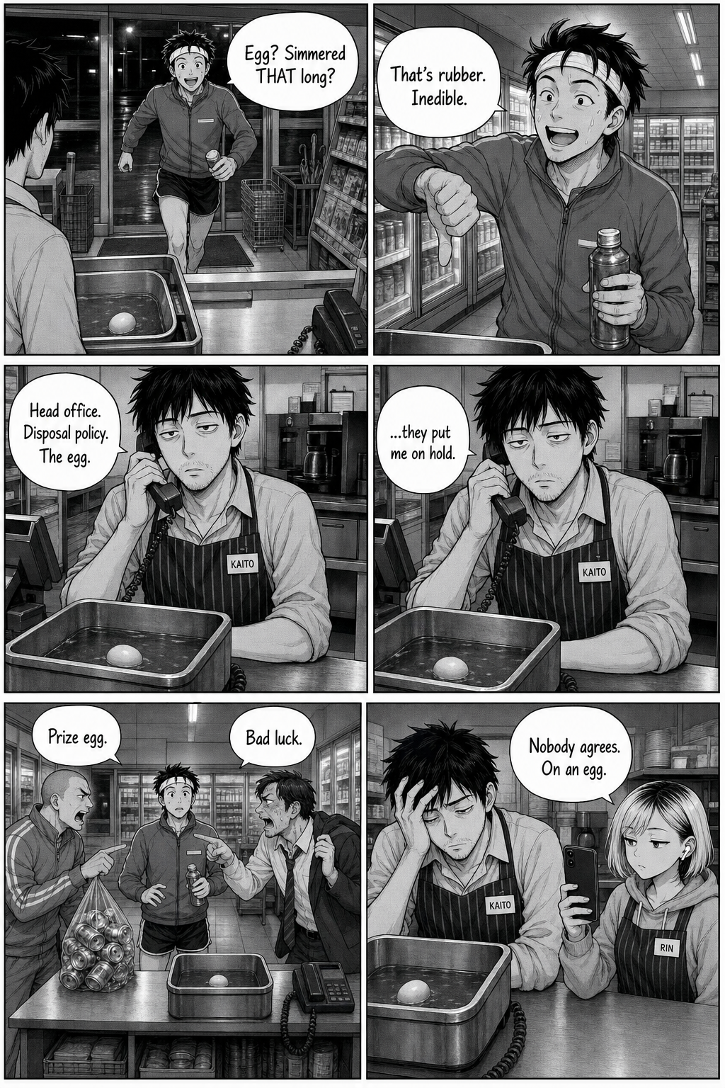Six panels: the cheerful jogger calls the egg inedible rubber, Kaito phones head office and is put on hold, regulars argue.