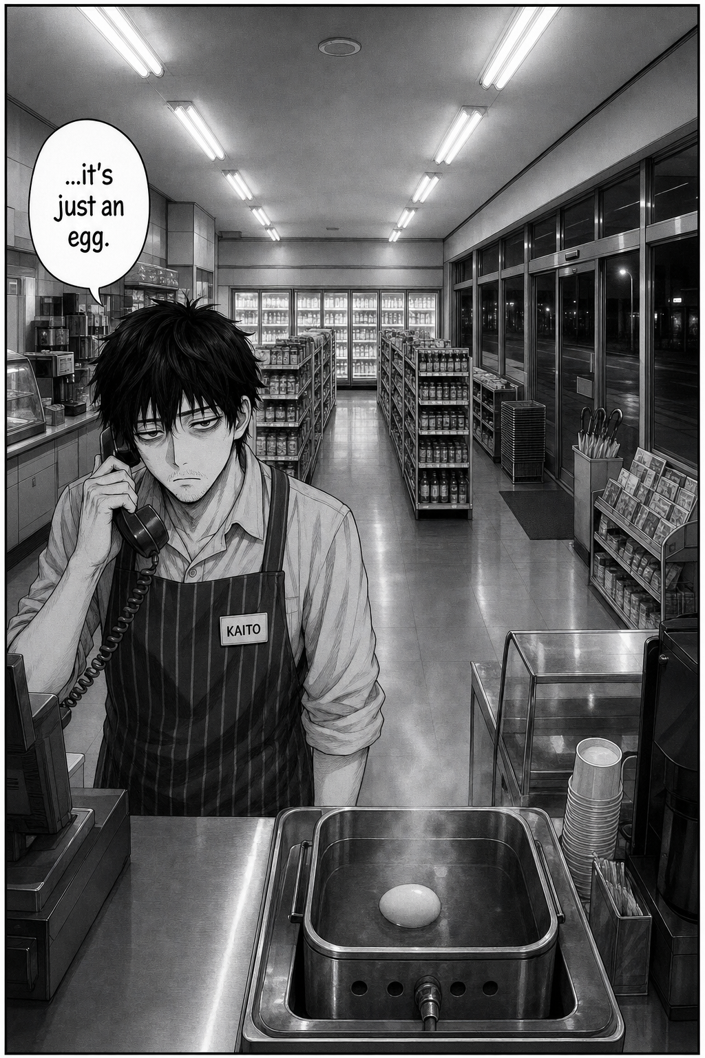 A single wide panel: Kaito alone on hold at the counter, staring into the pot with the last egg.