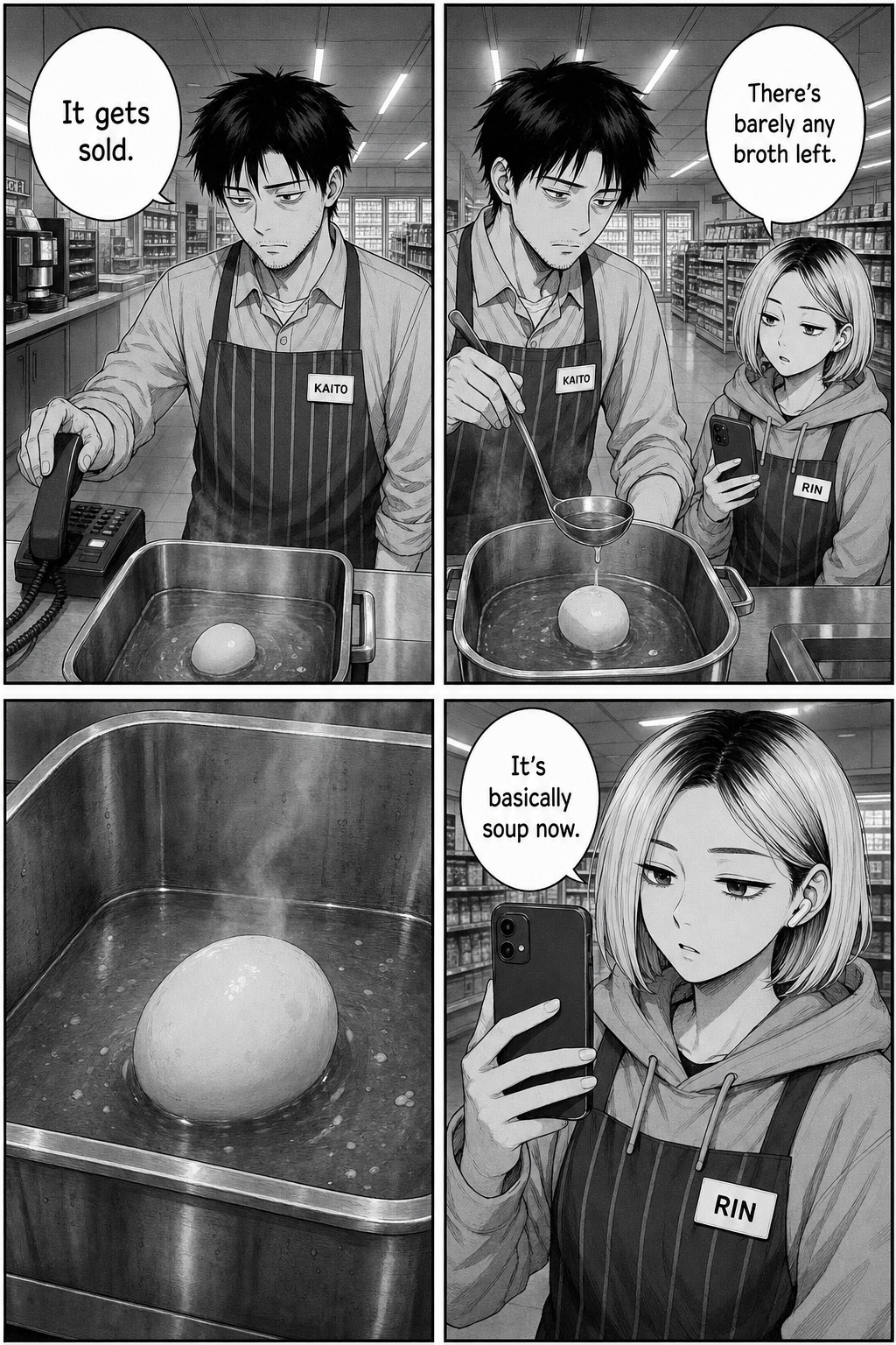 Four panels: Kaito recommits and ladles the last broth over the egg, which now looks soft; Rin says it's basically soup.