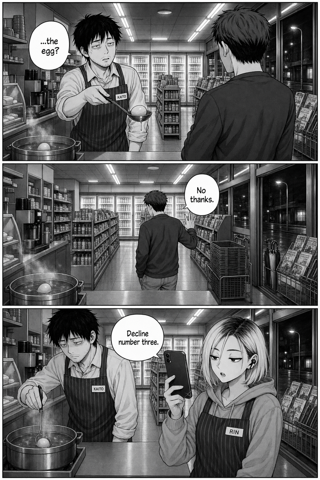 Three panels: Kaito offers the softening egg a third time and is declined; Rin logs 'decline number three.'