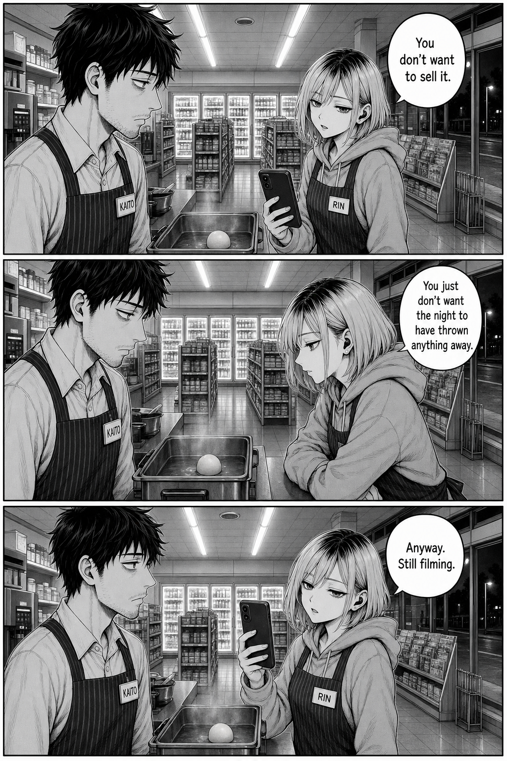 Three panels: Rin lowers her phone and, almost sincere, tells Kaito what the egg is really about, then films again.