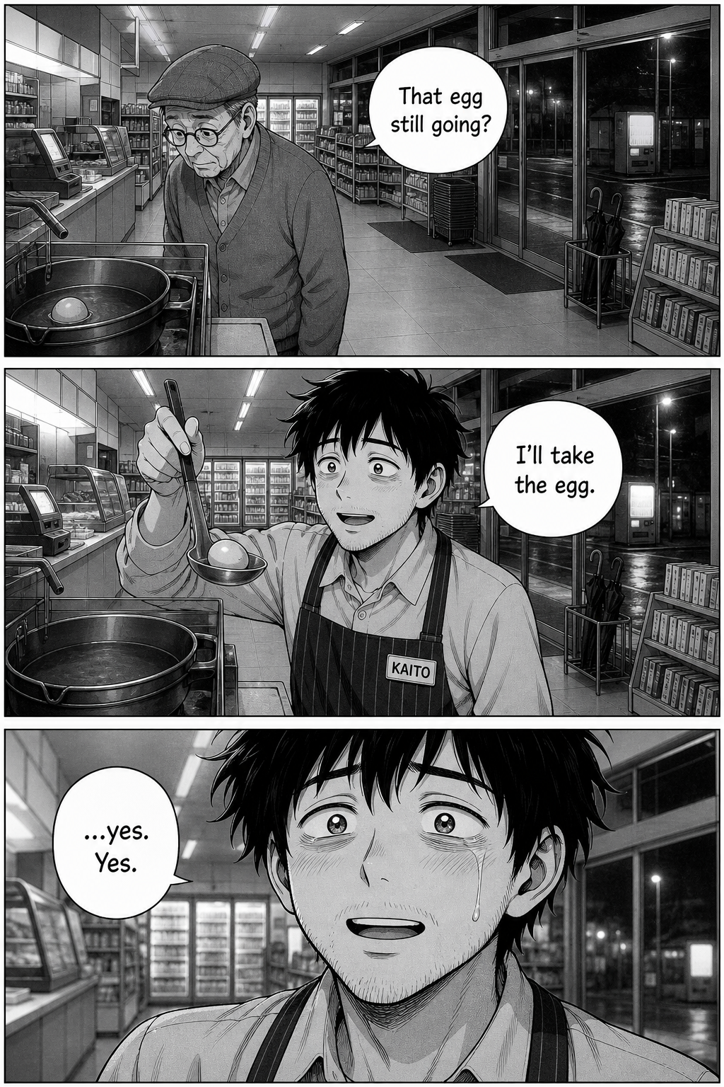 Three panels at dawn: an elderly customer asks about the egg and says he'll take it; Kaito's face fills with hope, tearful.