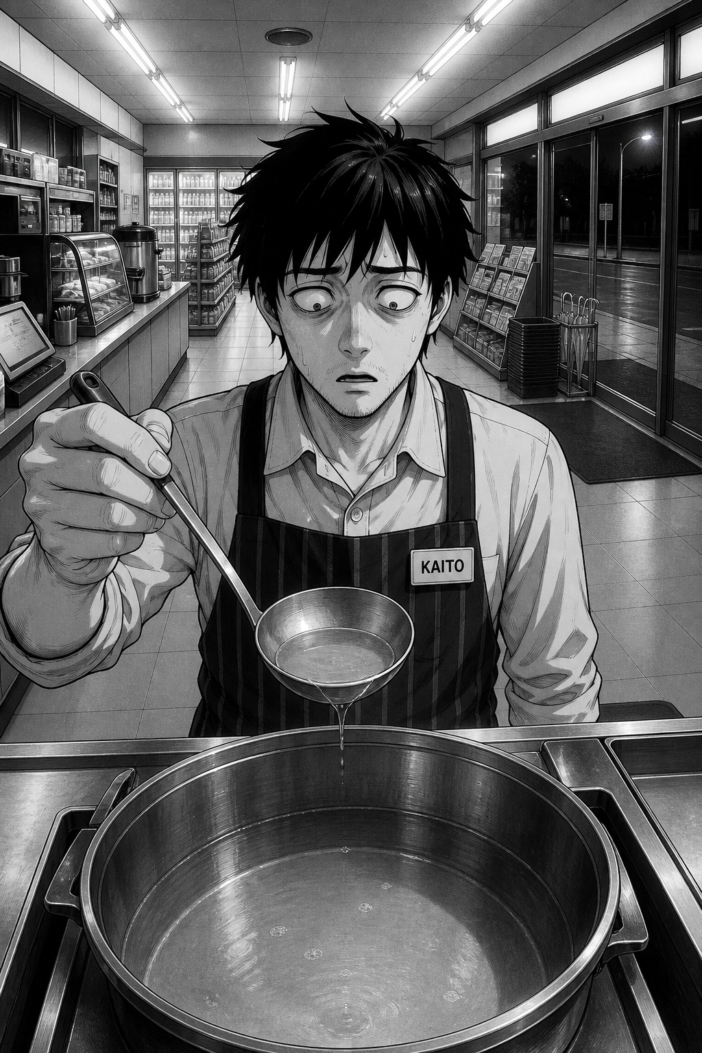 A single panel: Kaito lifts the ladle from the pot and finds only broth — no egg — with dawning horror.