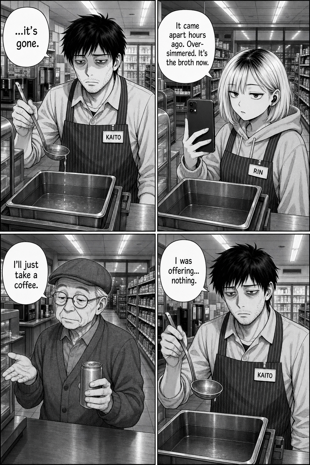 Four panels: Kaito realizes the egg dissolved hours ago; the customer takes a coffee instead; Kaito was offering nothing.