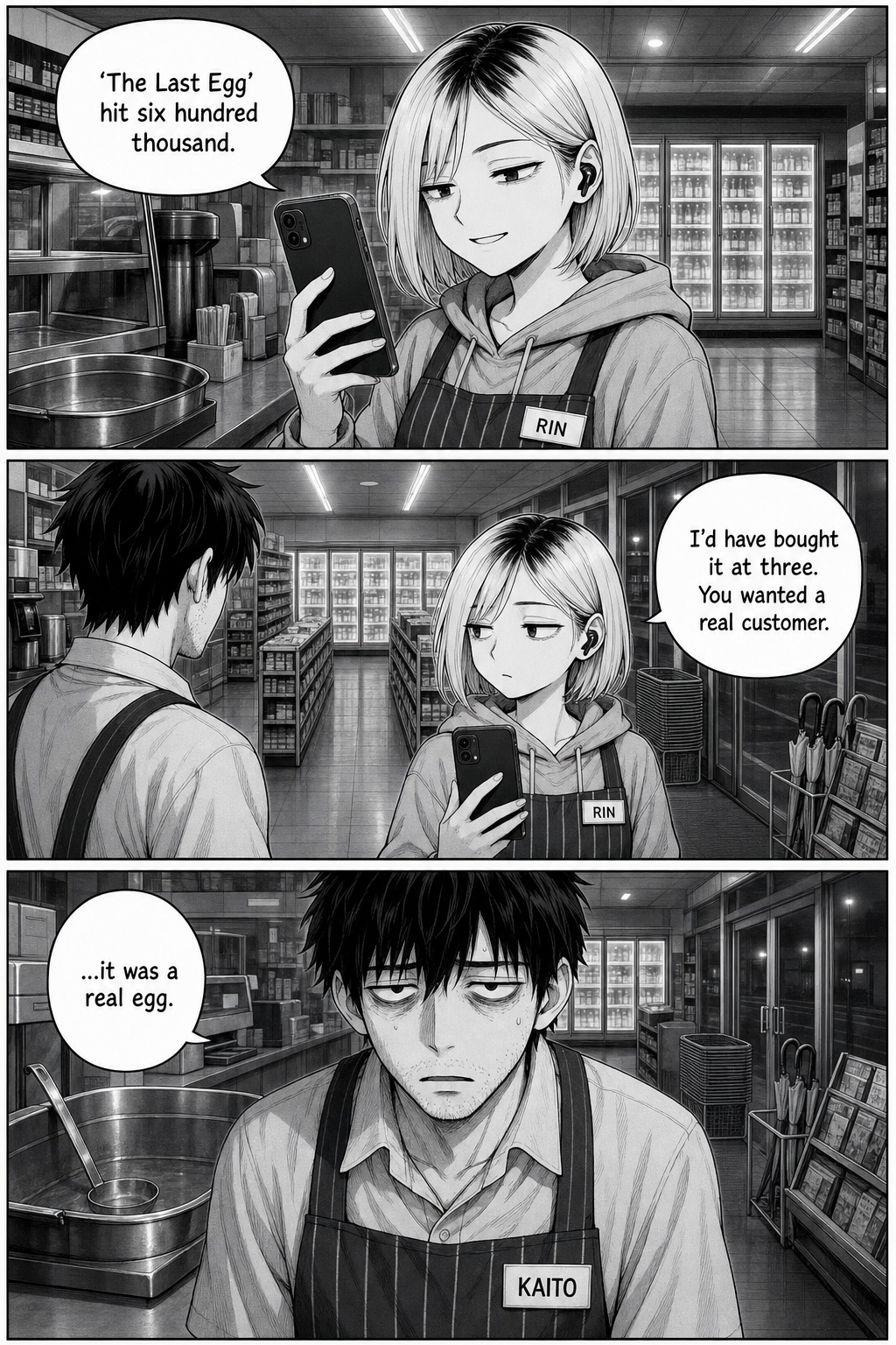 Three panels: Rin reports the video hit six hundred thousand and admits she'd have bought the egg at three; Kaito is crushed.