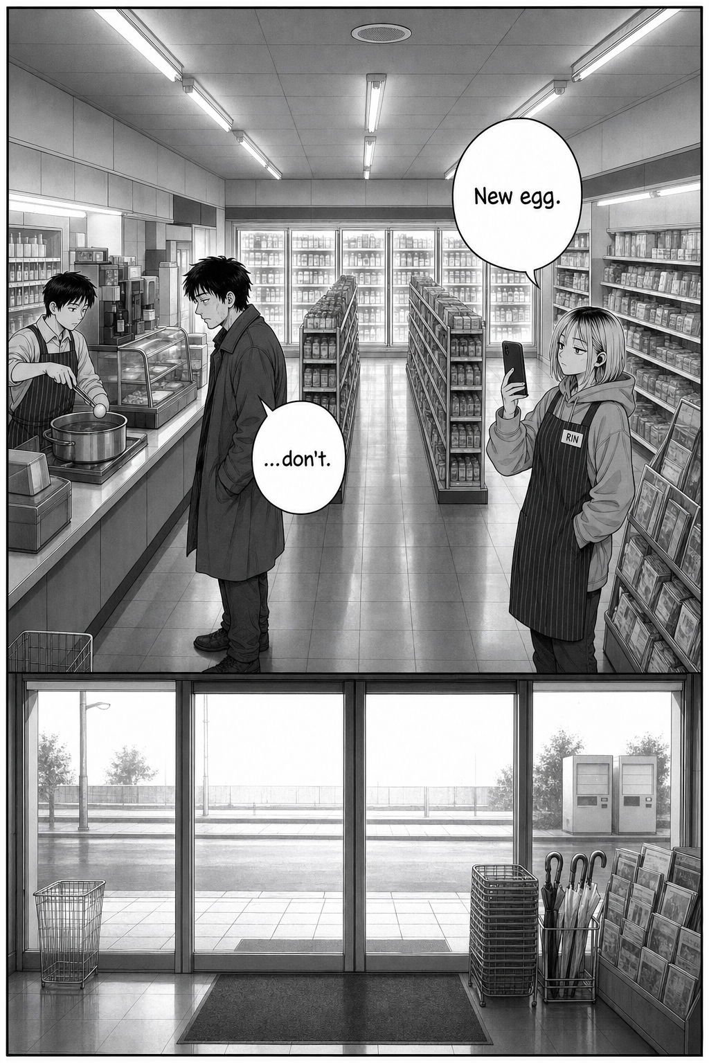 A single wide daylight panel mirroring page one: a day clerk drops a fresh egg into a clean pot as Kaito, in his coat, watches and Rin films.
