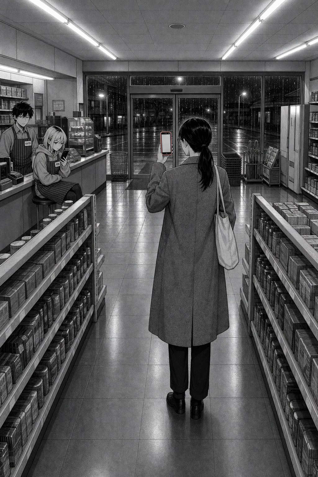 A quiet held shot down the aisle: the woman in the grey coat stands perfectly still, filming the store.