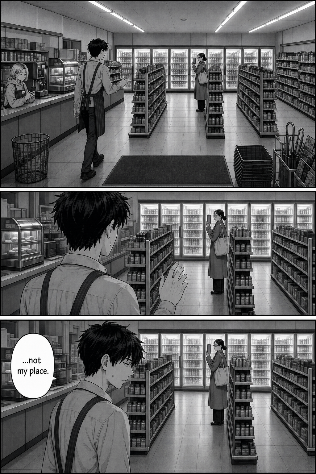 Kaito steps toward the aisle to confront the woman, hesitates with a raised hand, then turns away.