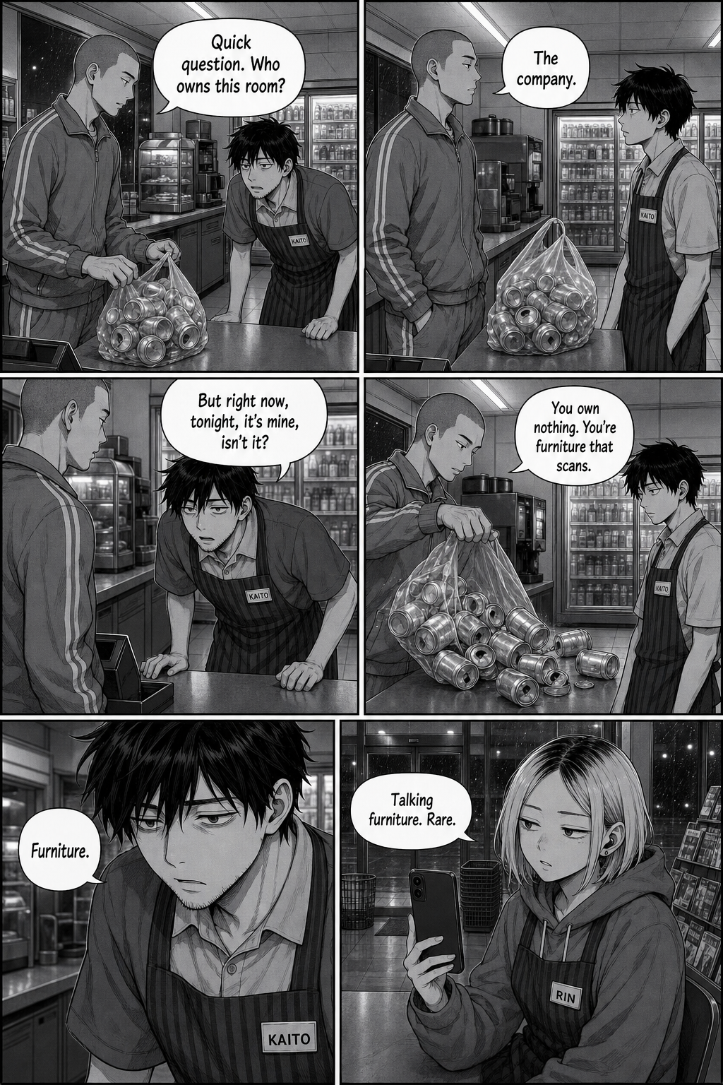 The tracksuit regular tips a bag of cans onto the counter and tells Kaito he owns nothing; Rin films.