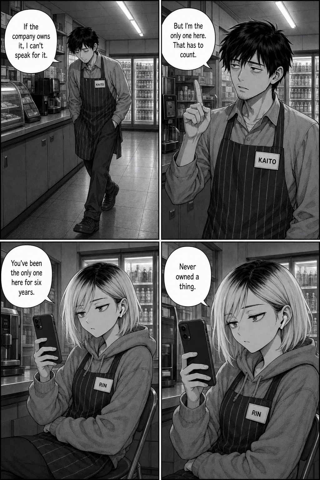 Kaito paces behind the counter arguing with himself; Rin, unimpressed, deflates him from her stool.