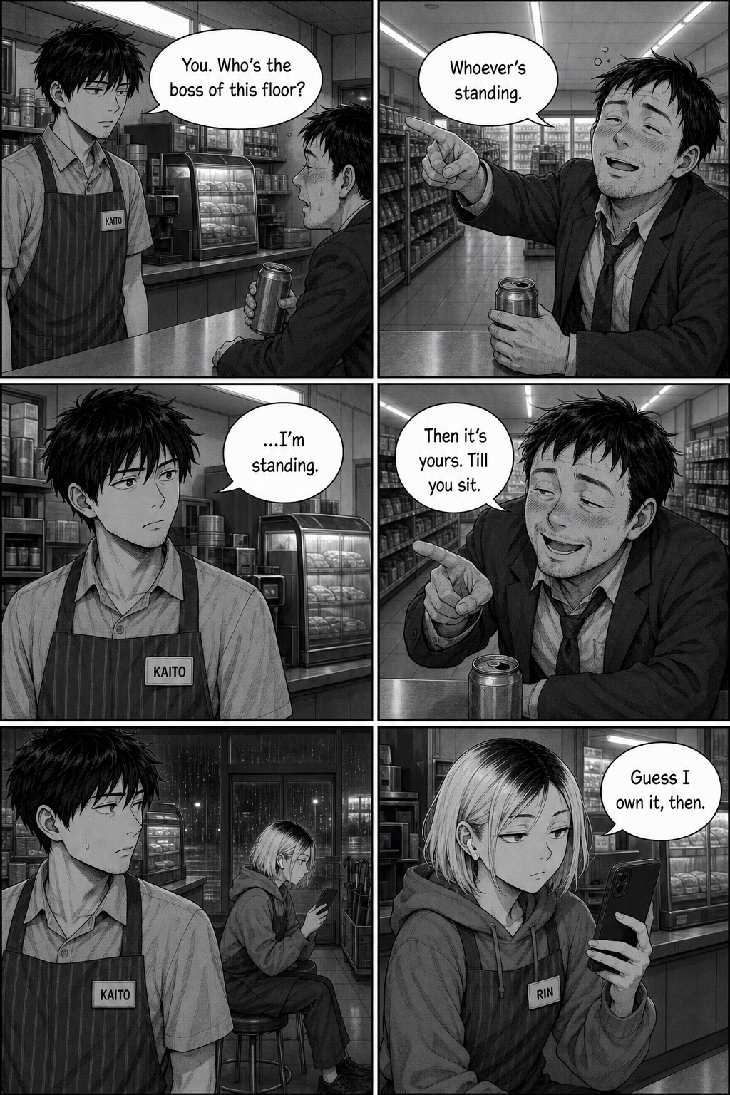 A drunk salaryman tells Kaito the floor belongs to whoever is standing; Rin claims it from her stool.