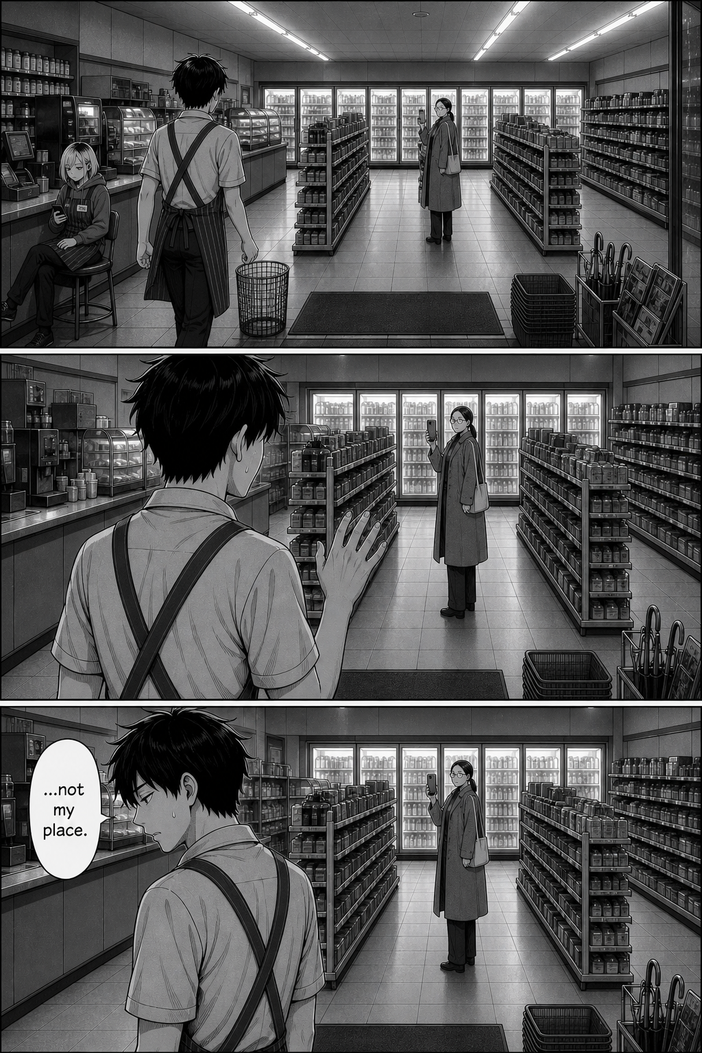 Kaito approaches the aisle again, freezes in the same raised-hand pose, and backs down once more.